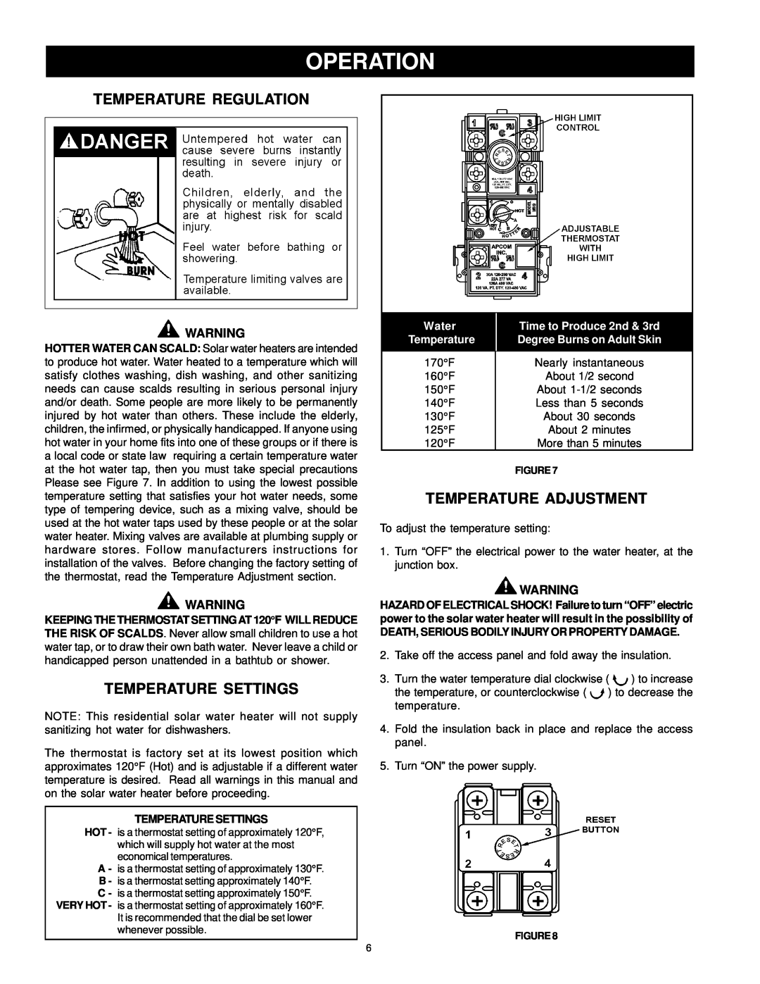American Water Heater 317365-002 Operation, Temperature Regulation, Temperature Settings, Temperature Adjustment, Water 