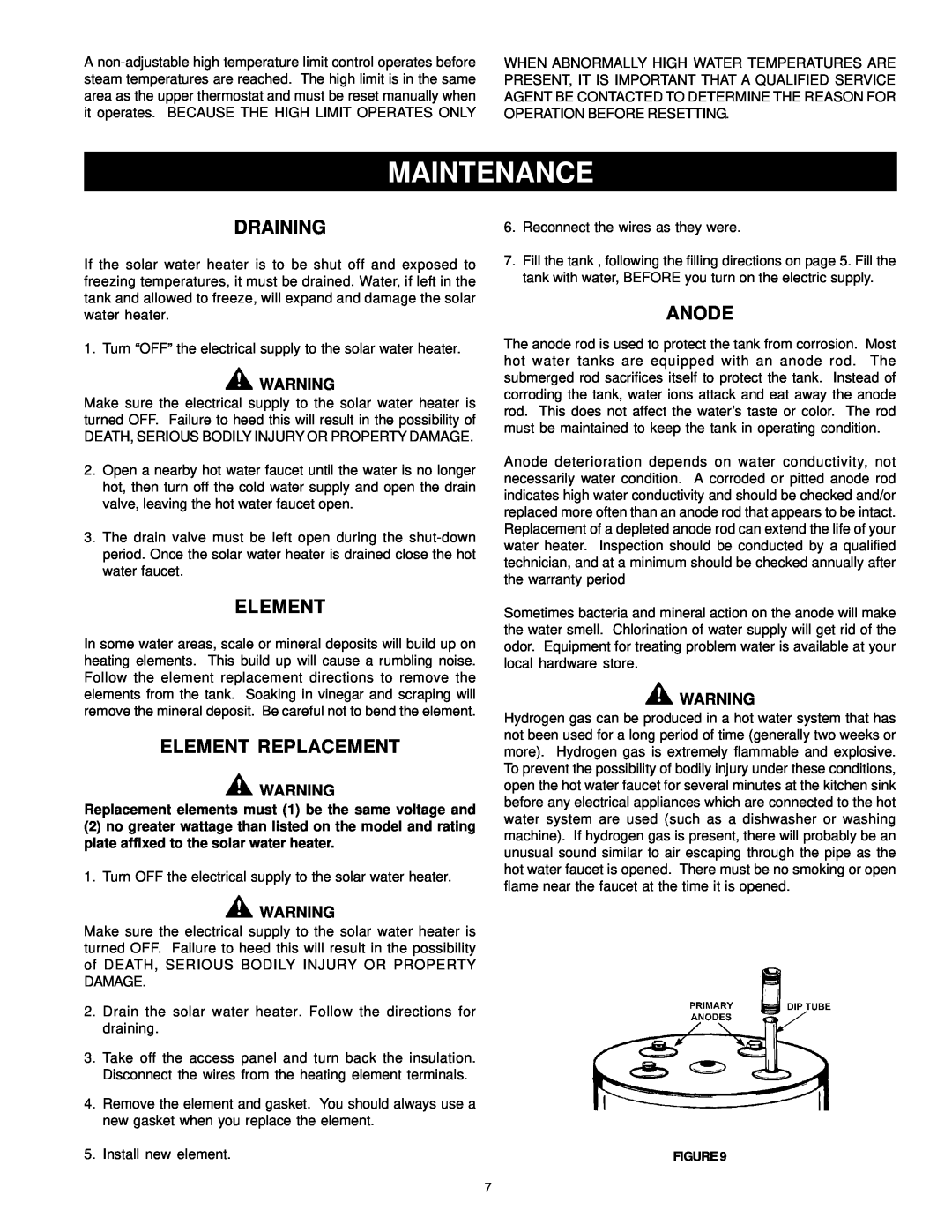 American Water Heater 317365-002 instruction manual Maintenance, Draining, Element Replacement, Anode 
