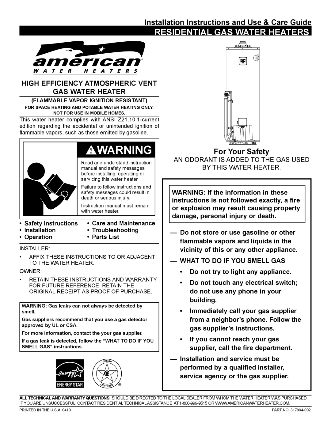 American Water Heater 317994-002 installation instructions Residential GAS Water Heaters 