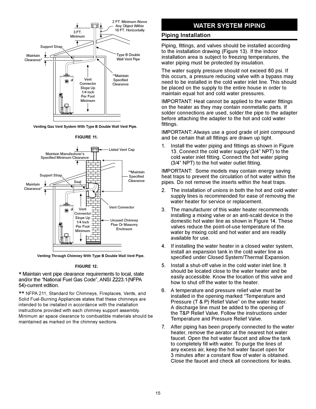 American Water Heater 317994-002 installation instructions Water System Piping, Piping Installation 