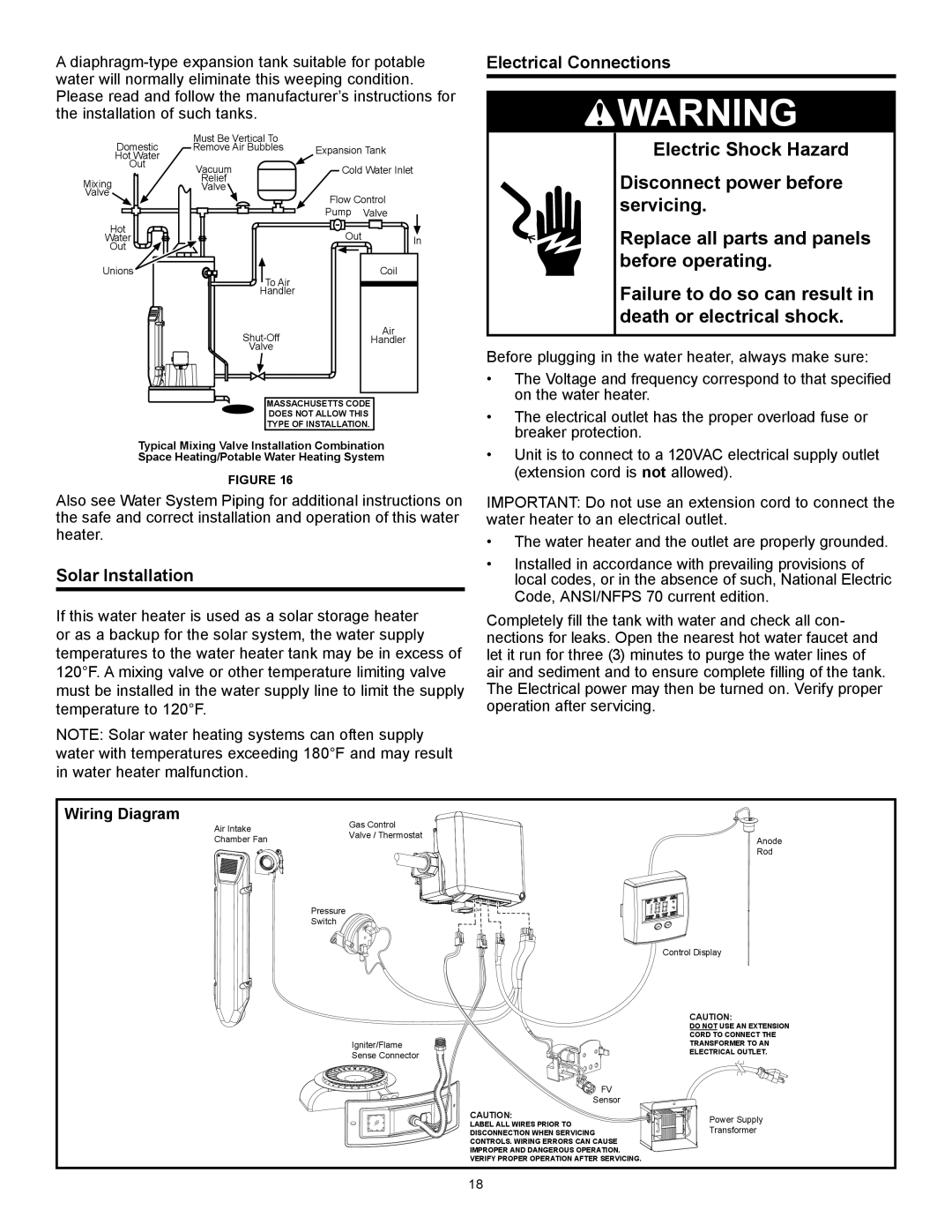 American Water Heater 317994-002 installation instructions Electrical Connections, Solar Installation, Wiring Diagram 