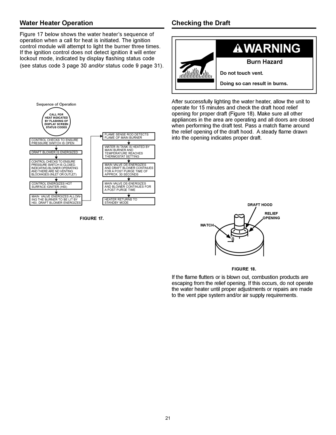 American Water Heater 317994-002 installation instructions Water Heater Operation, Checking the Draft, Burn Hazard 