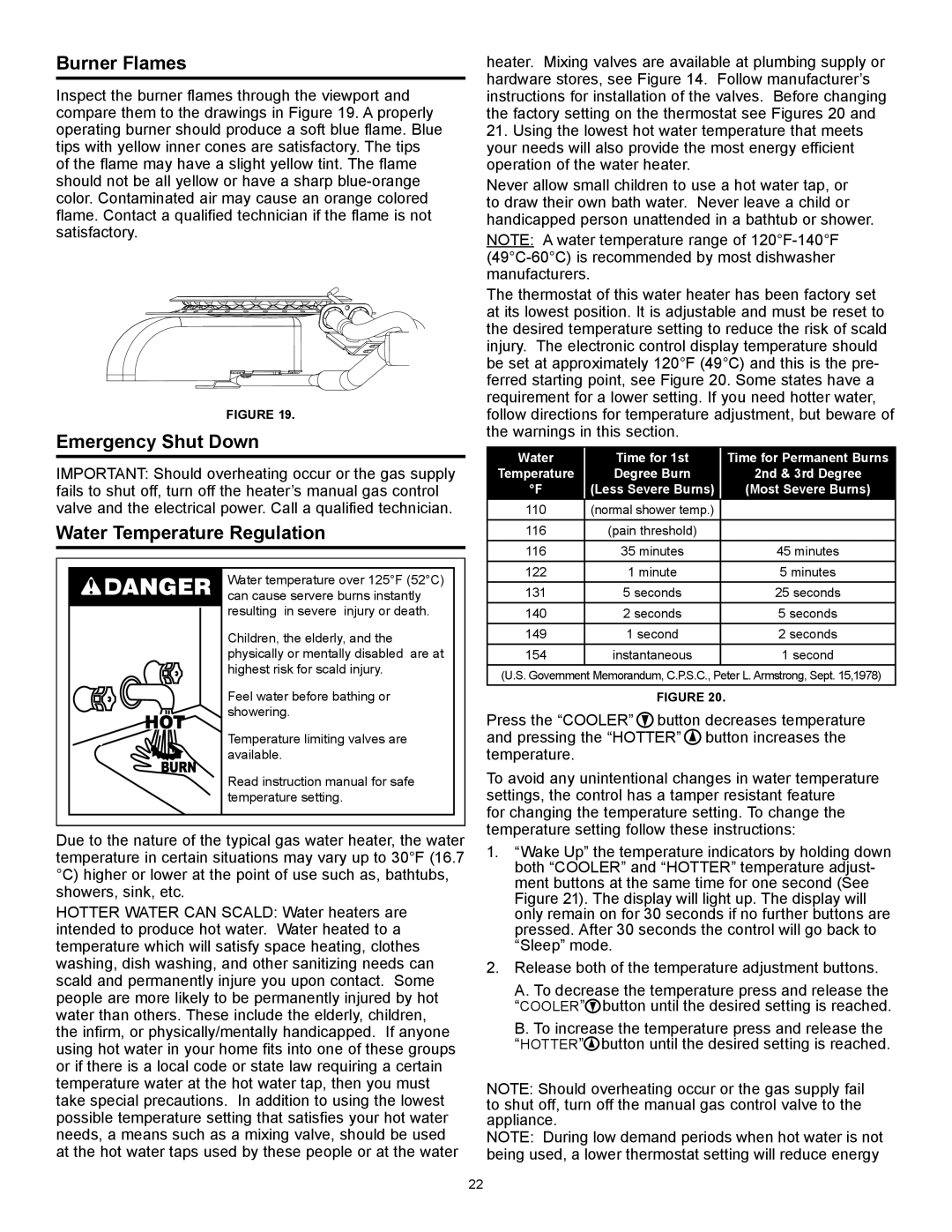 American Water Heater 317994-002 installation instructions Burner Flames, Emergency Shut Down, Water Temperature Regulation 