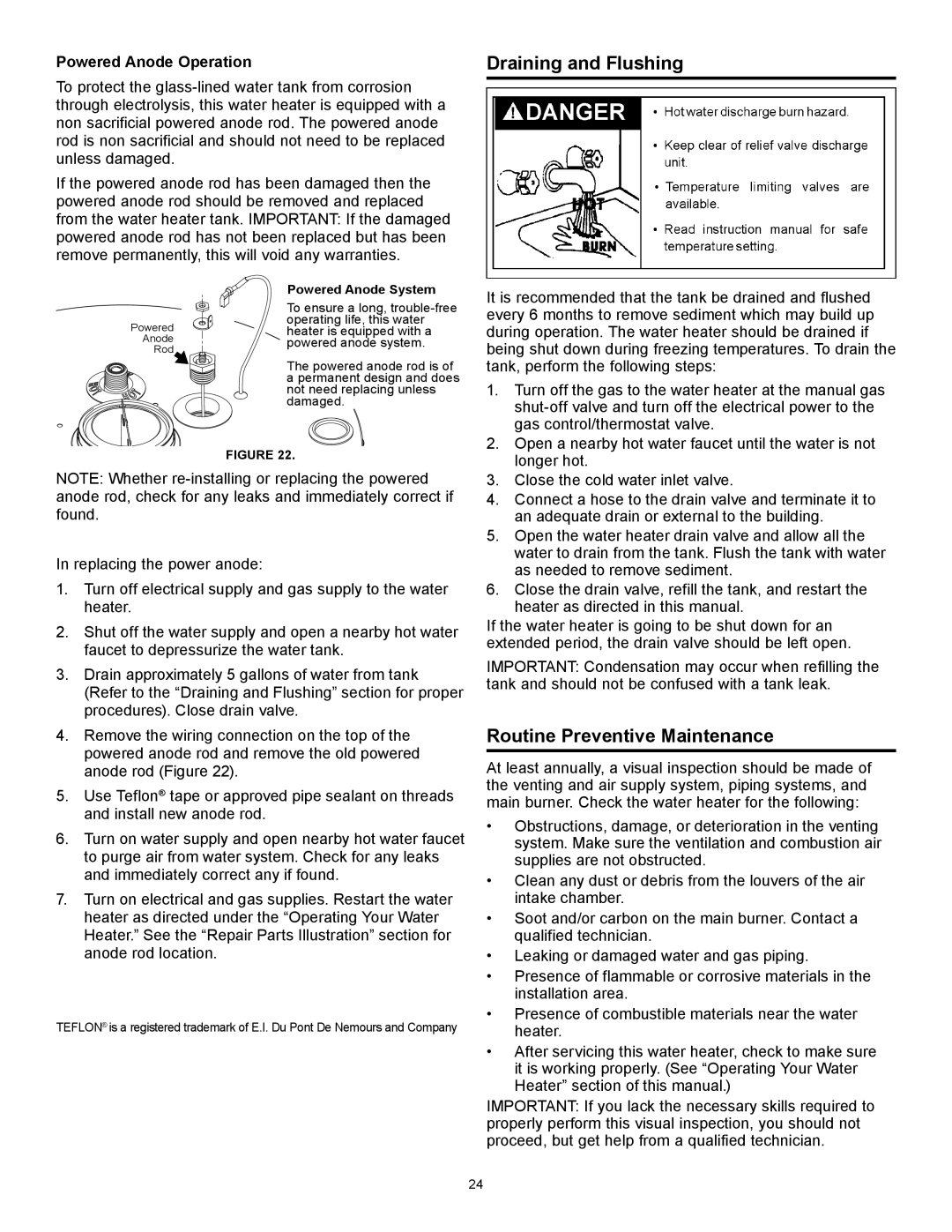 American Water Heater 317994-002 Draining and Flushing, Routine Preventive Maintenance, Powered Anode Operation 