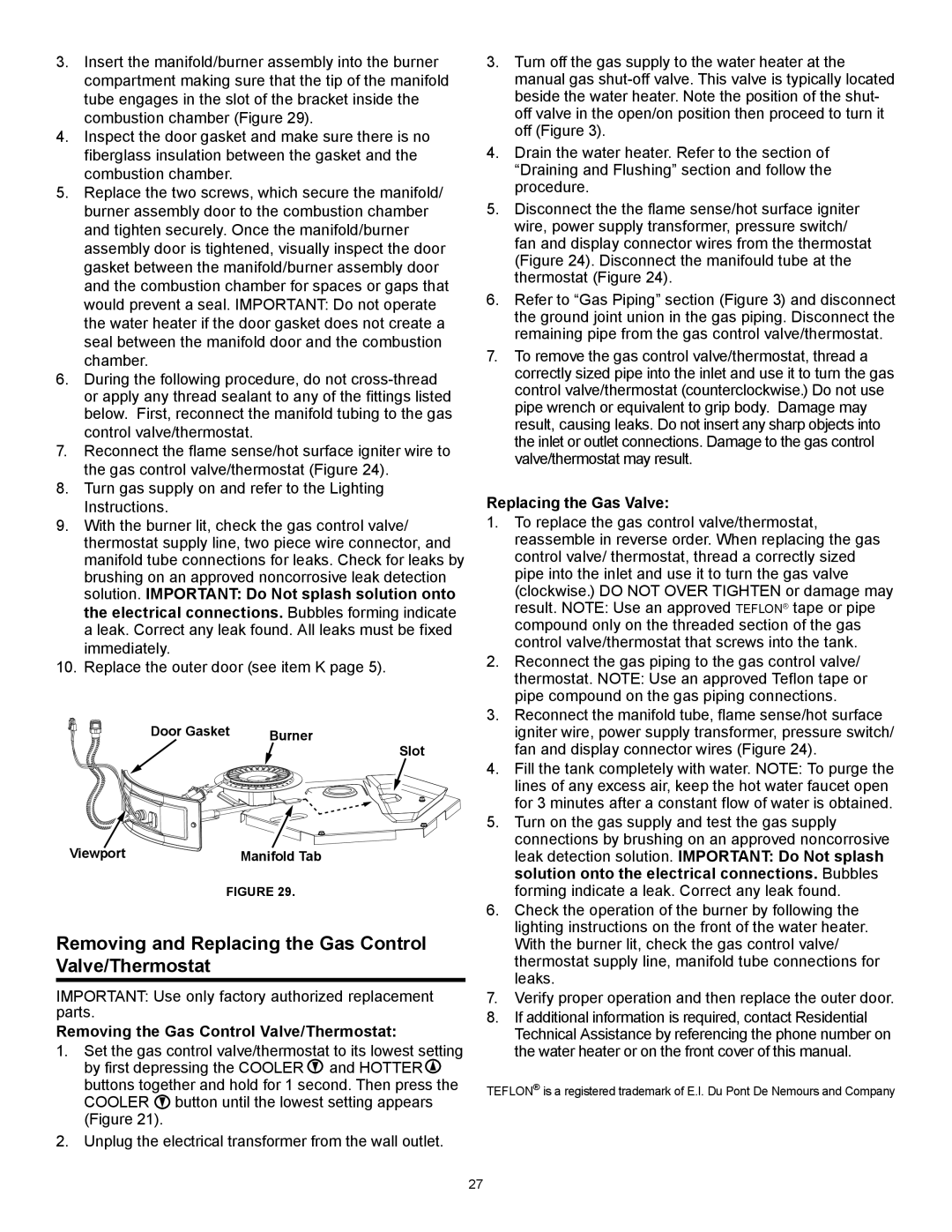 American Water Heater 317994-002 Removing and Replacing the Gas Control Valve/Thermostat, Replacing the Gas Valve 