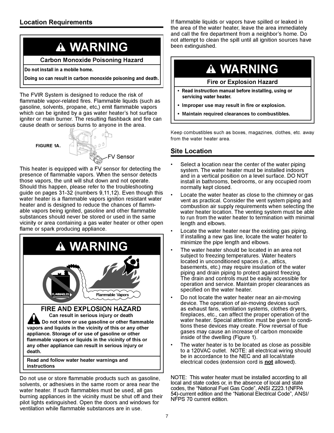 American Water Heater 317994-002 Location Requirements, Site Location, Carbon Monoxide Poisoning Hazard 