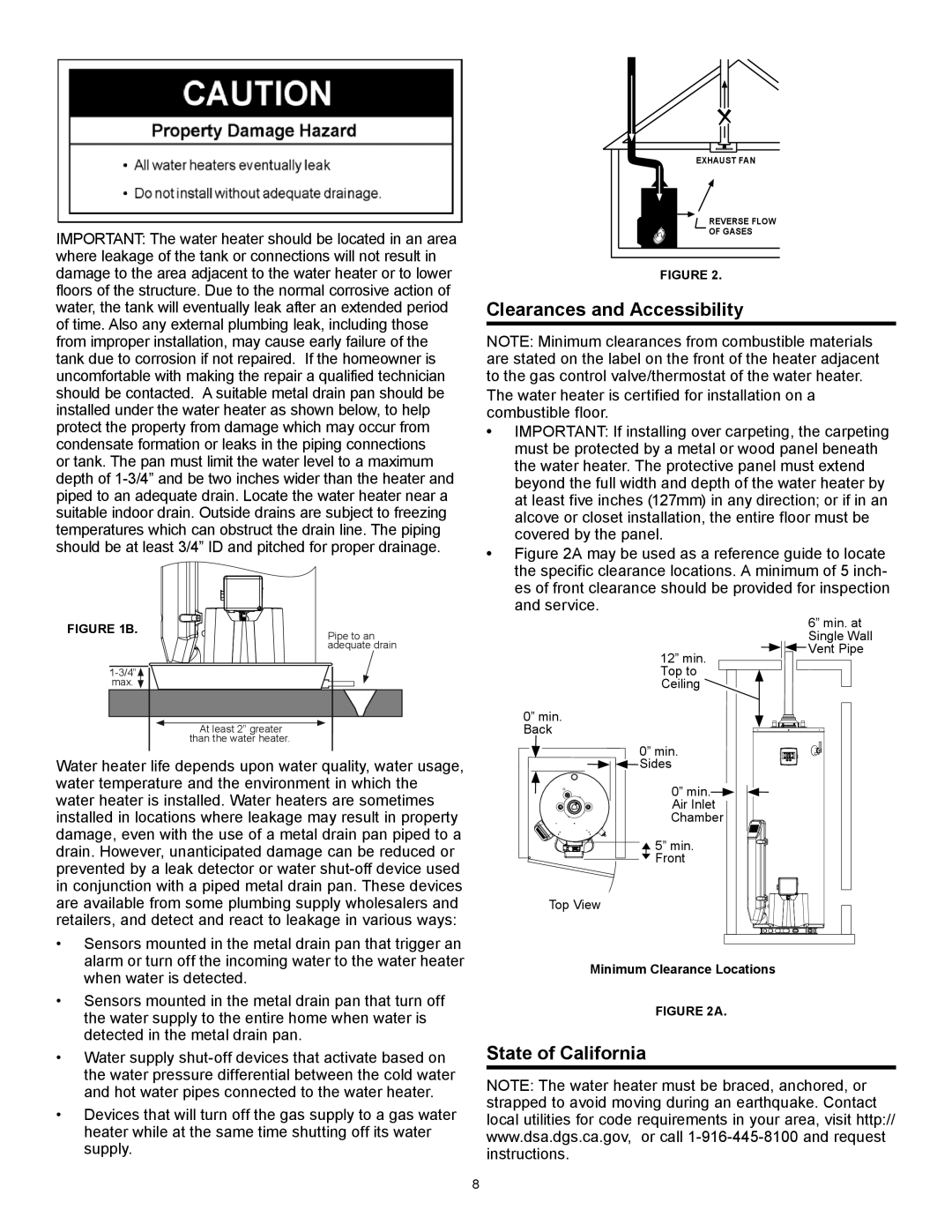 American Water Heater 317994-002 installation instructions Clearances and Accessibility, State of California 