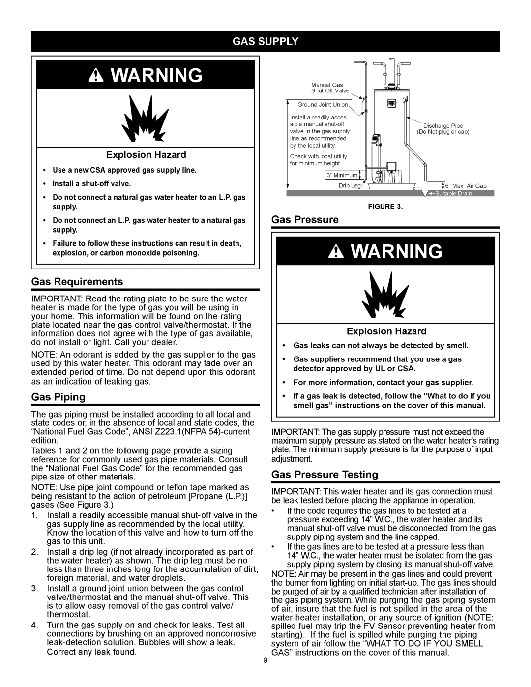 American Water Heater 317994-002 GAS Supply, Gas Requirements, Gas Piping, Gas Pressure Testing 