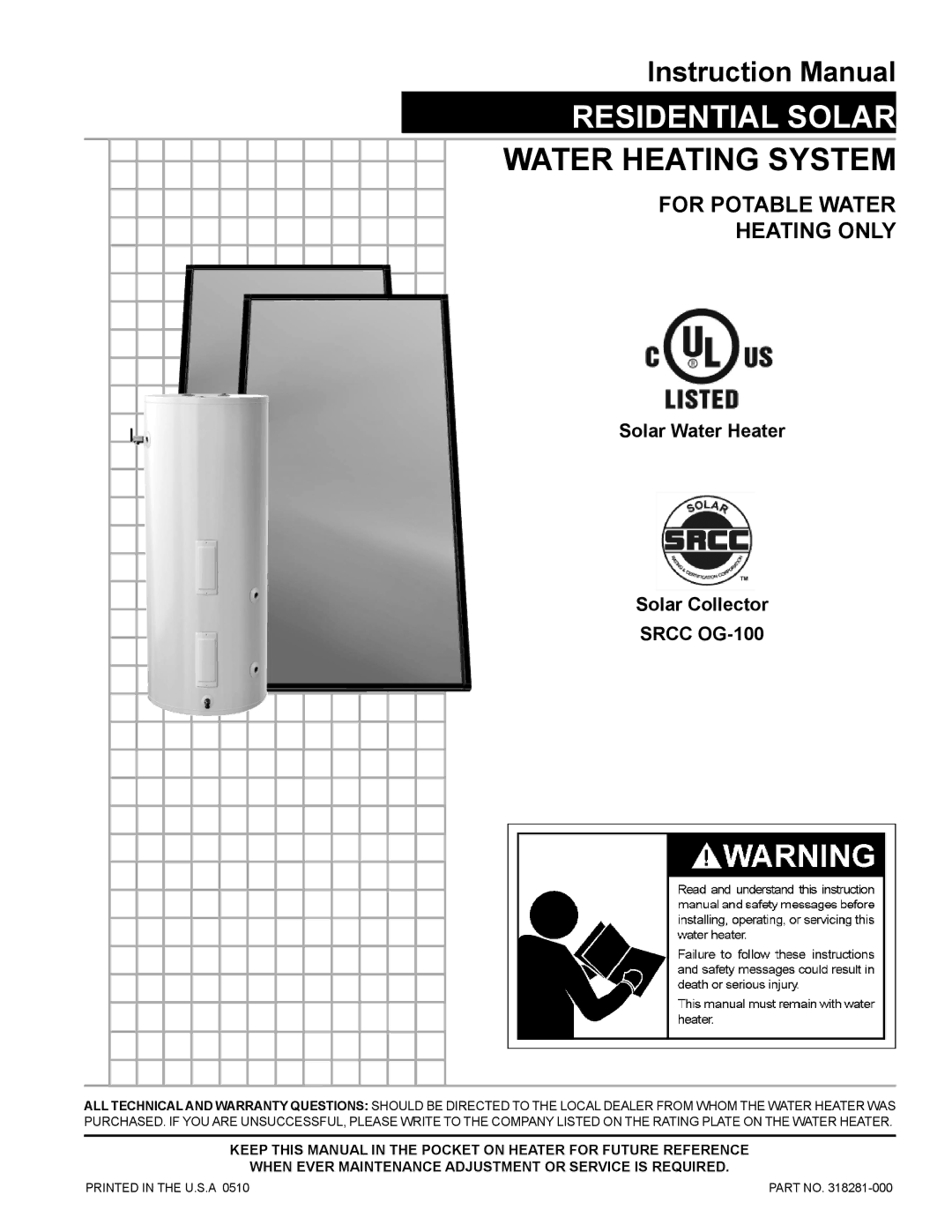 American Water Heater 318281-000 instruction manual Residential Solar 