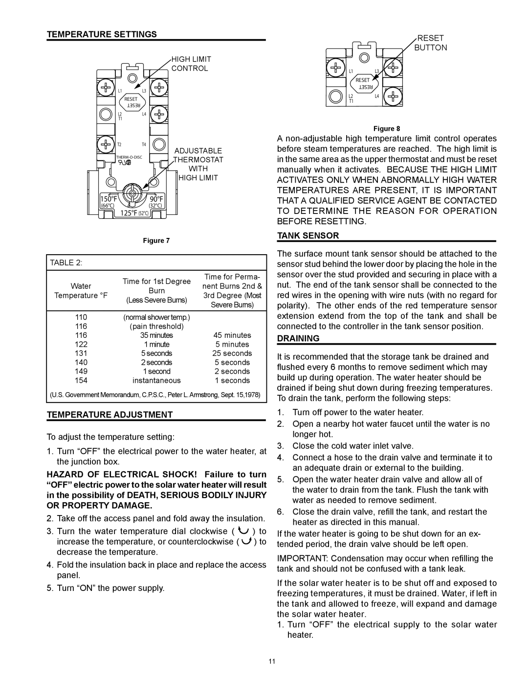 American Water Heater 318281-000 instruction manual Temperature Adjustment, Tank Sensor, Draining 