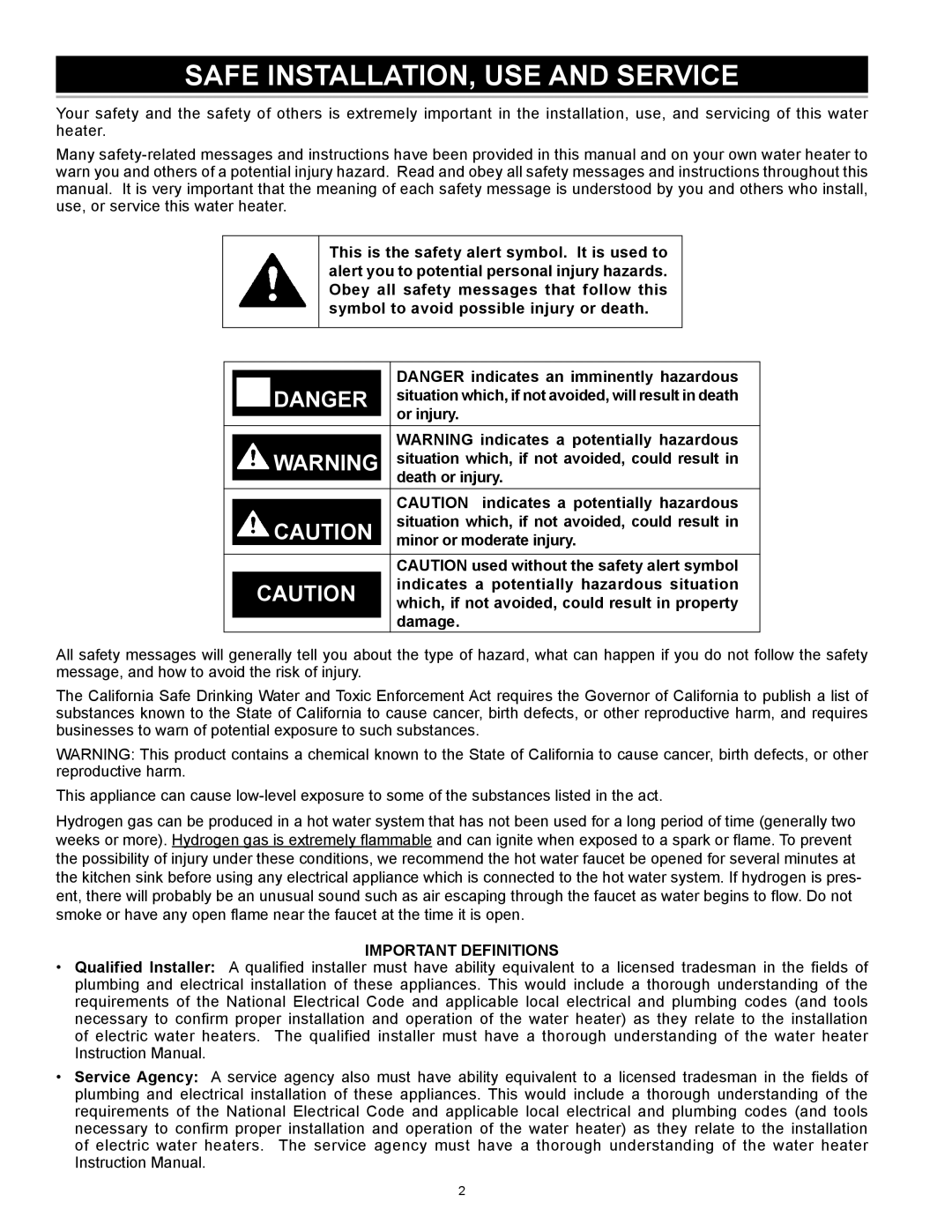 American Water Heater 318281-000 instruction manual Safe INSTALLATION, USE and Service, Important Definitions 