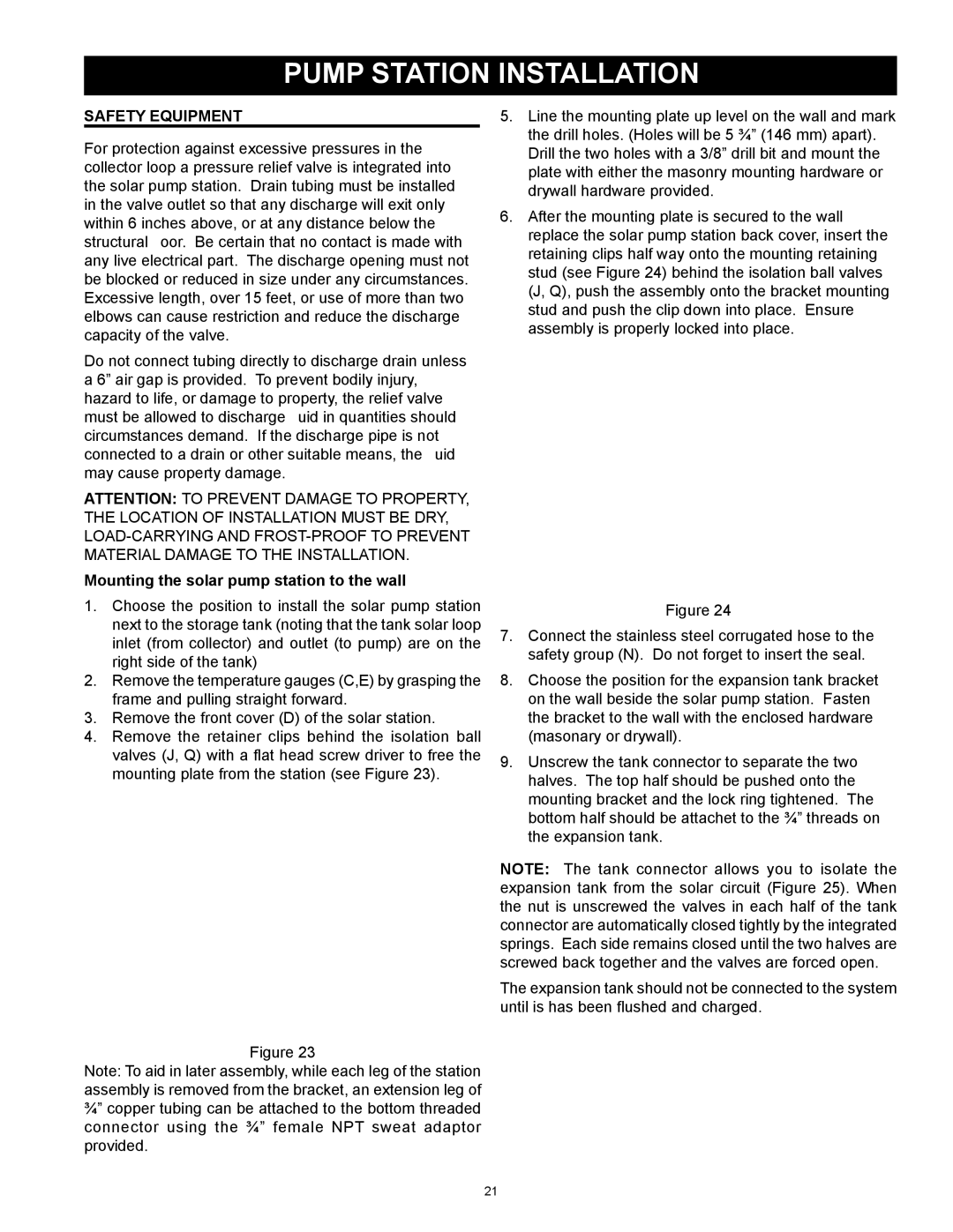 American Water Heater 318281-000 instruction manual Safety Equipment, Mounting the solar pump station to the wall 