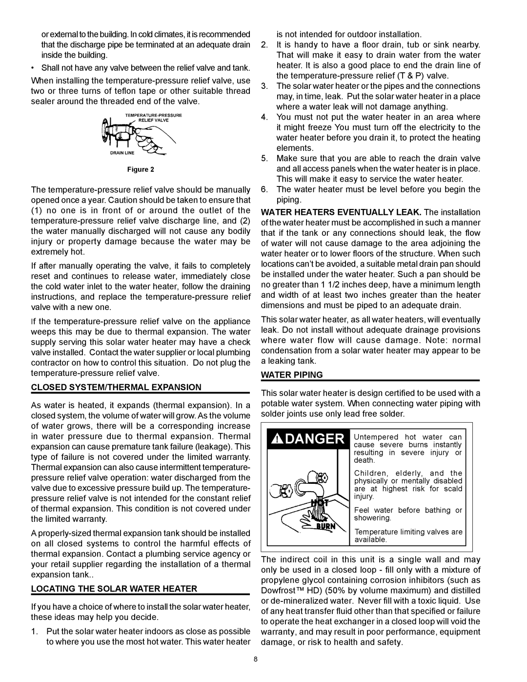 American Water Heater 318281-000 Closed SYSTEM/THERMAL Expansion, Locating the Solar Water Heater, Water Piping 