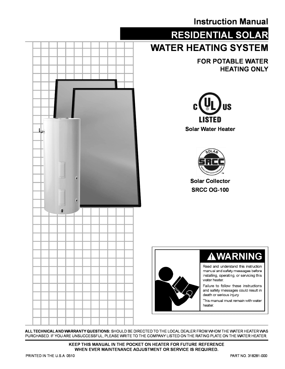 American Water Heater 318281-000 instruction manual Solar Water Heater Solar Collector SRCC OG-100, Residential Solar 