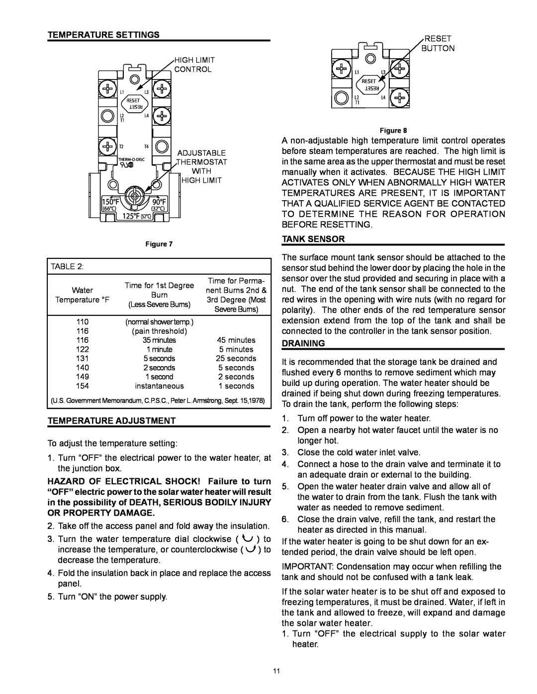 American Water Heater 318281-000 instruction manual Temperature Adjustment, Tank Sensor, Draining, Temperature Settings 