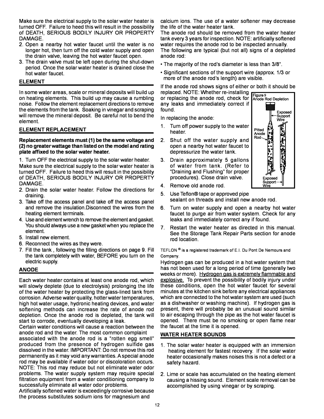American Water Heater 318281-000 instruction manual Element Replacement, Anode, Water Heater Sounds 