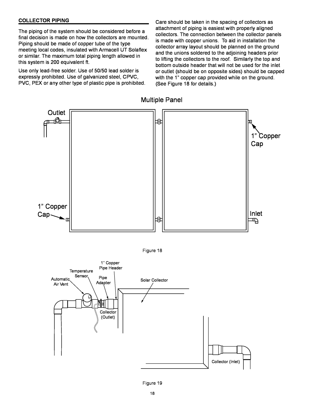 American Water Heater 318281-000 instruction manual Collector Piping, Multiple Panel, Outlet, 1” Copper Cap Inlet 