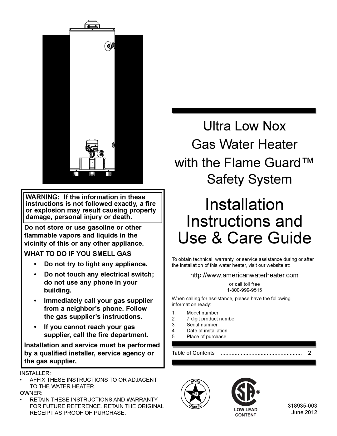 American Water Heater 318935-003 installation instructions What to do if YOU Smell GAS, June 