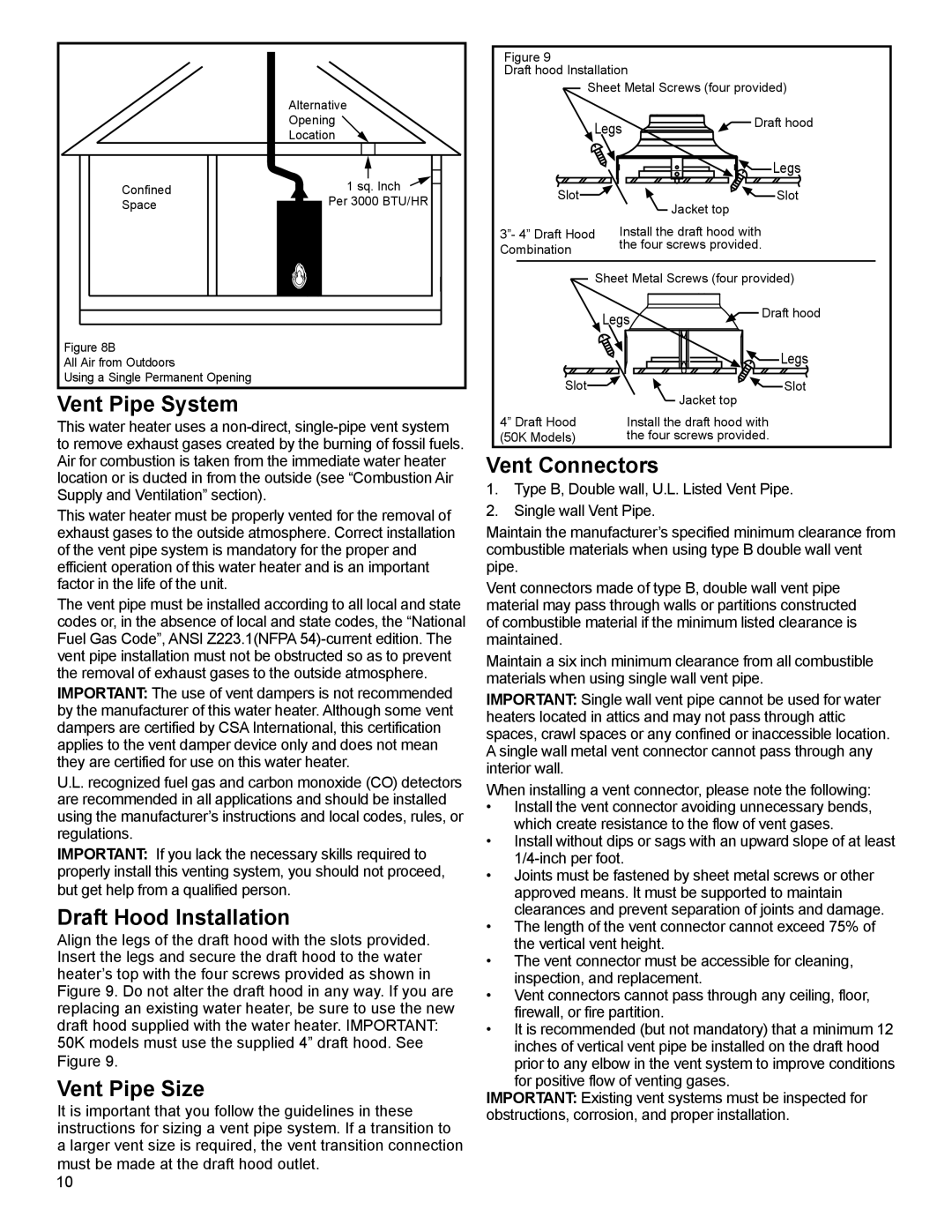 American Water Heater 318935-003 Vent Pipe System, Draft Hood Installation, Vent Pipe Size, Vent Connectors 