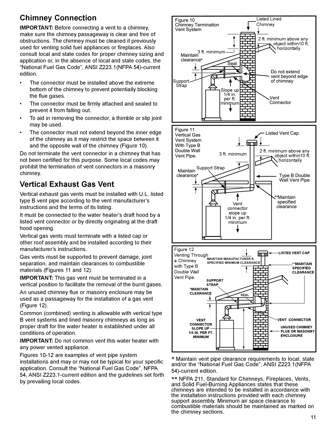 American Water Heater 318935-003 installation instructions Chimney Connection, Vertical Exhaust Gas Vent 