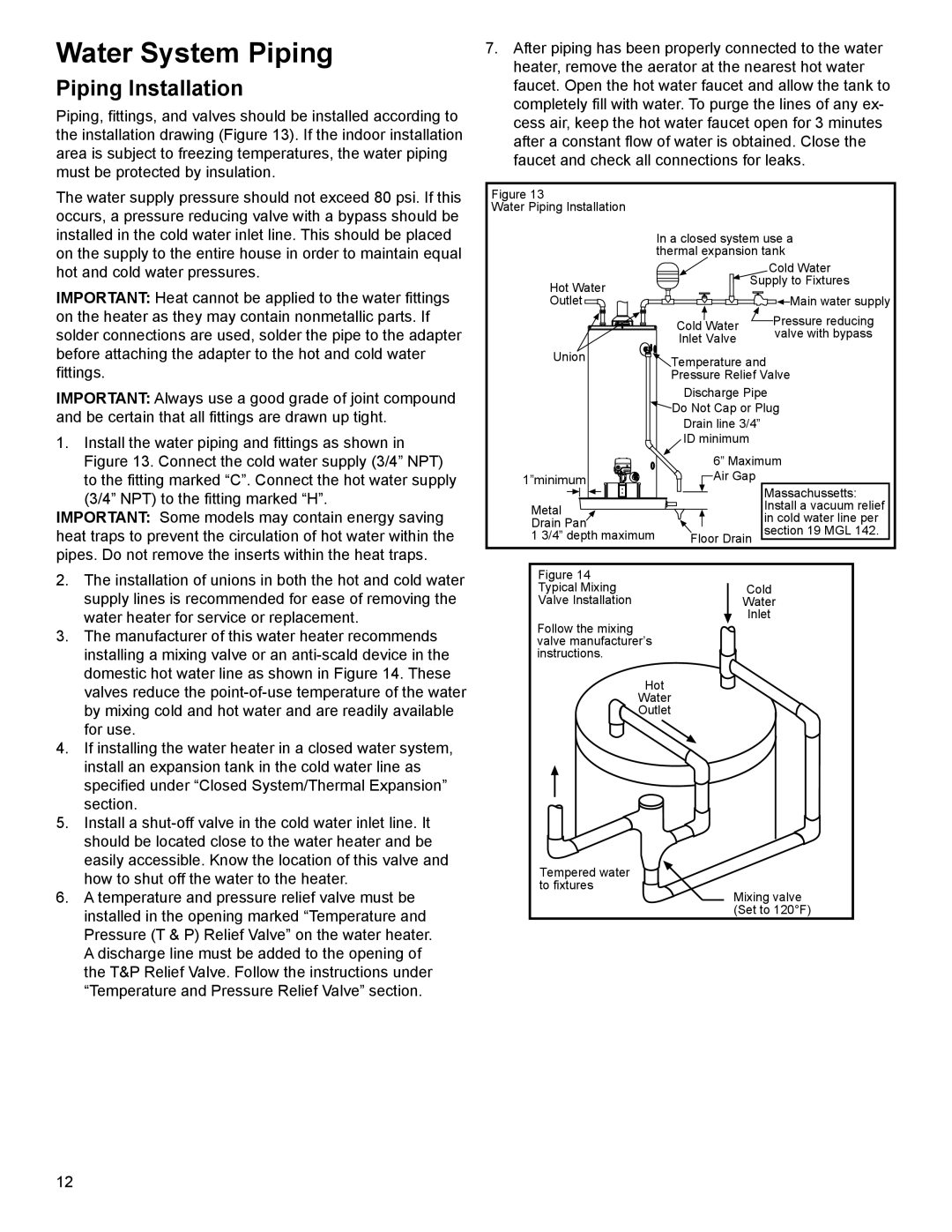 American Water Heater 318935-003 installation instructions Water System Piping, Piping Installation 