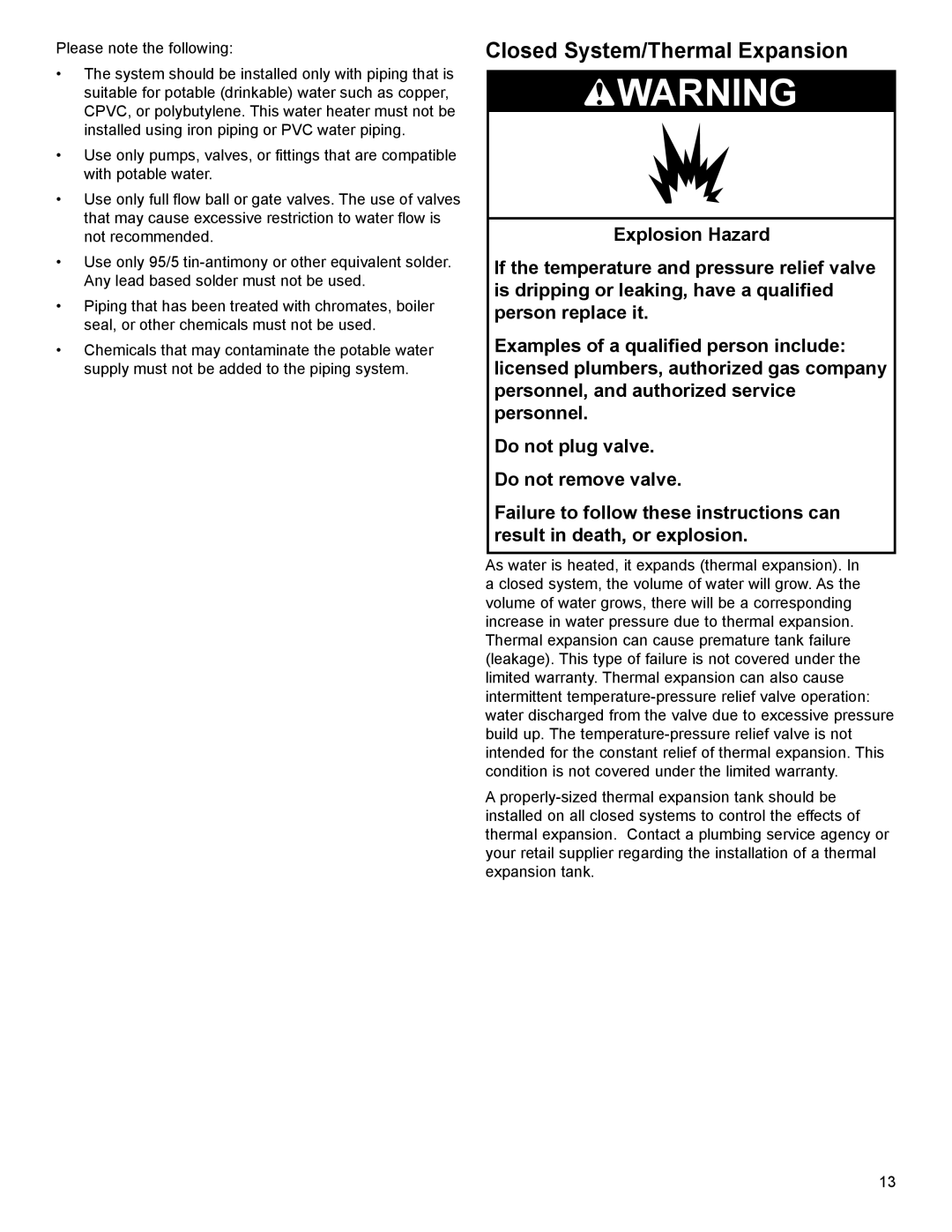 American Water Heater 318935-003 installation instructions Closed System/Thermal Expansion 