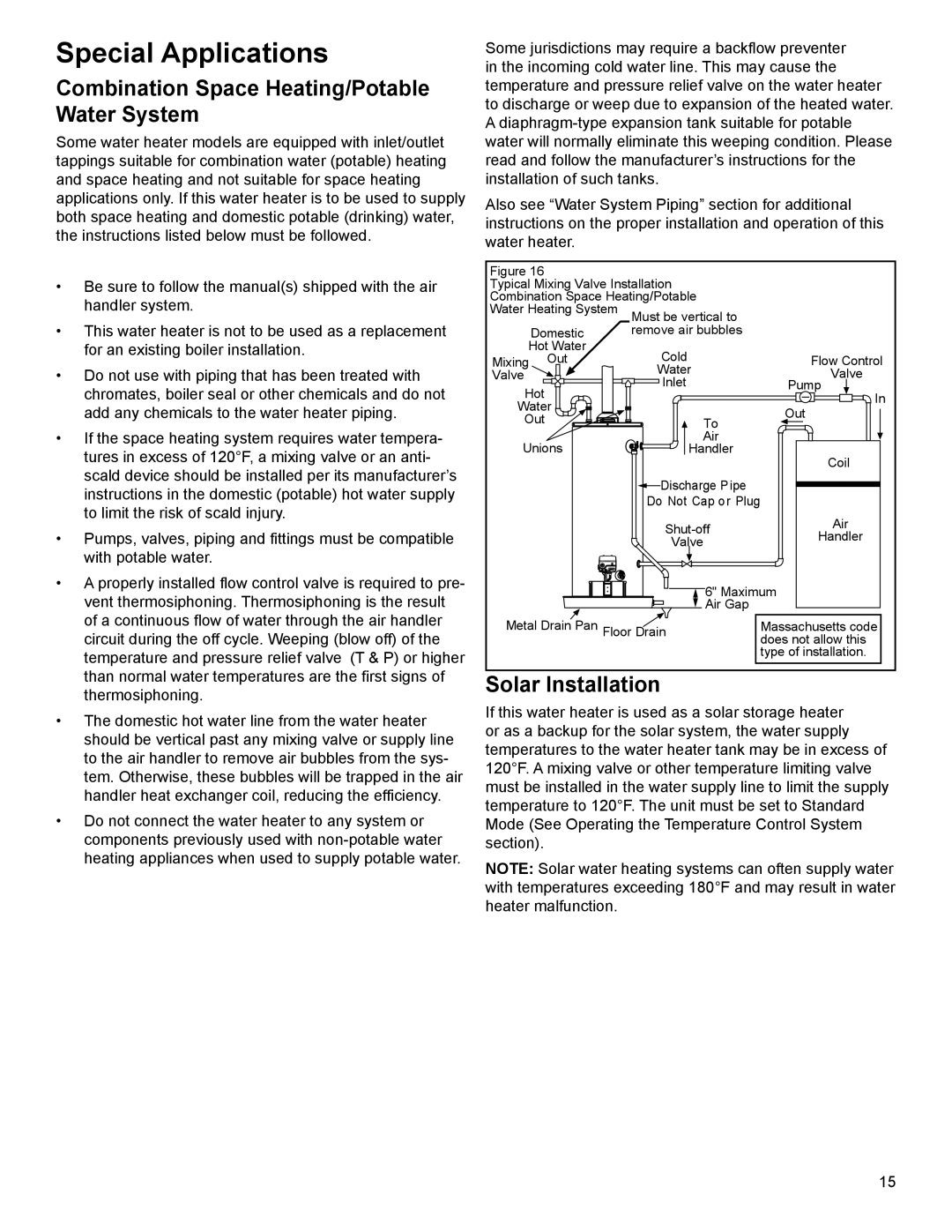 American Water Heater 318935-003 Special Applications, Combination Space Heating/Potable Water System, Solar Installation 