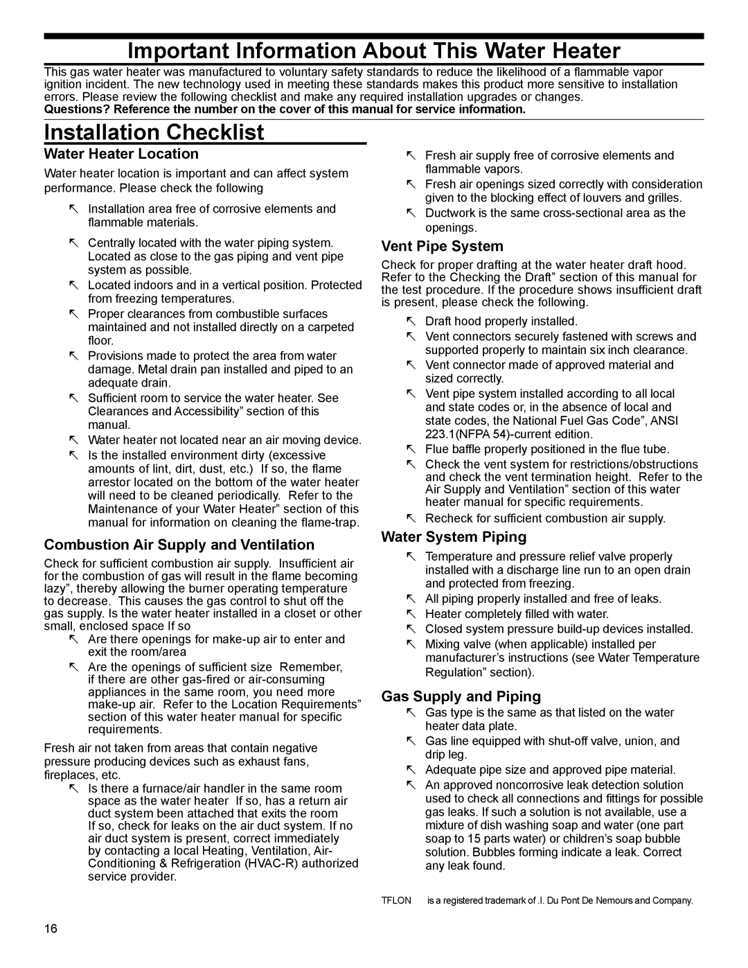 American Water Heater 318935-003 installation instructions Installation Checklist 