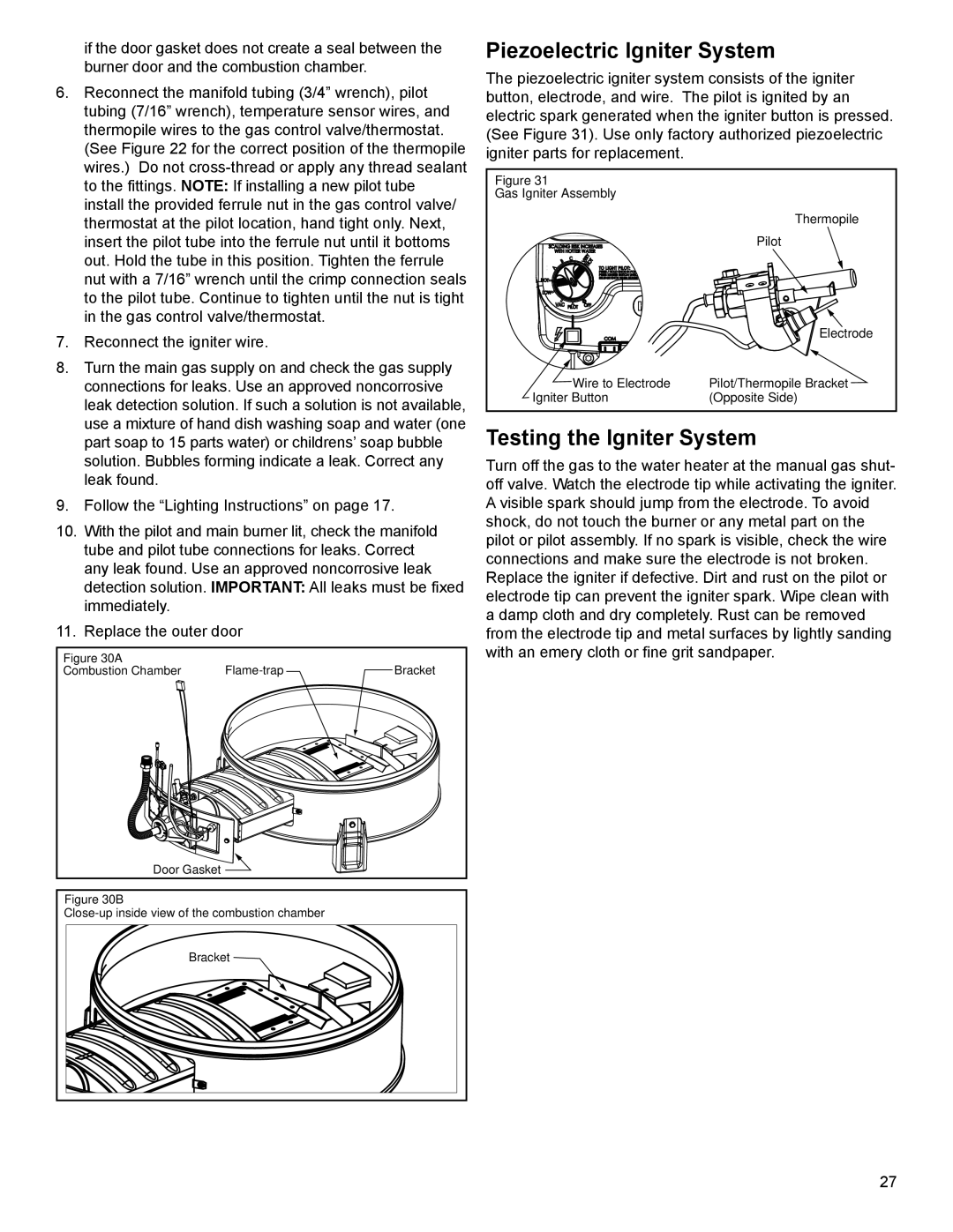 American Water Heater 318935-003 installation instructions Piezoelectric Igniter System, Testing the Igniter System 