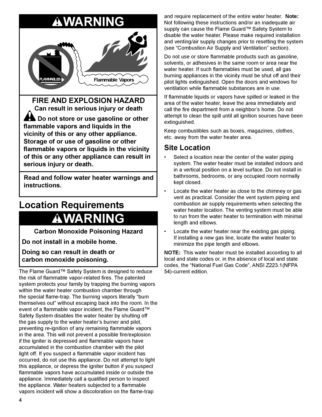 American Water Heater 318935-003 installation instructions Location Requirements, Site Location 