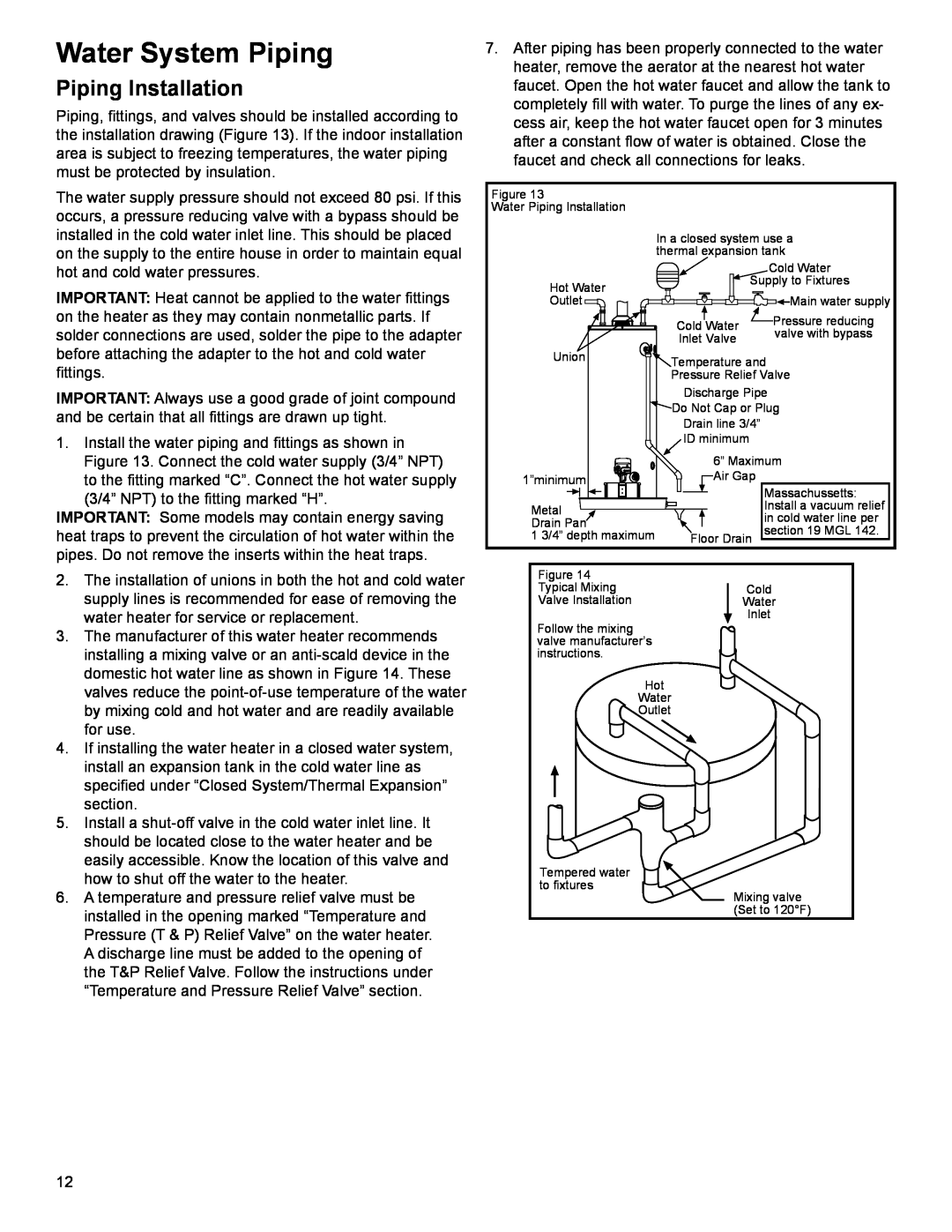 American Water Heater 318935-003 installation instructions Water System Piping, Piping Installation 