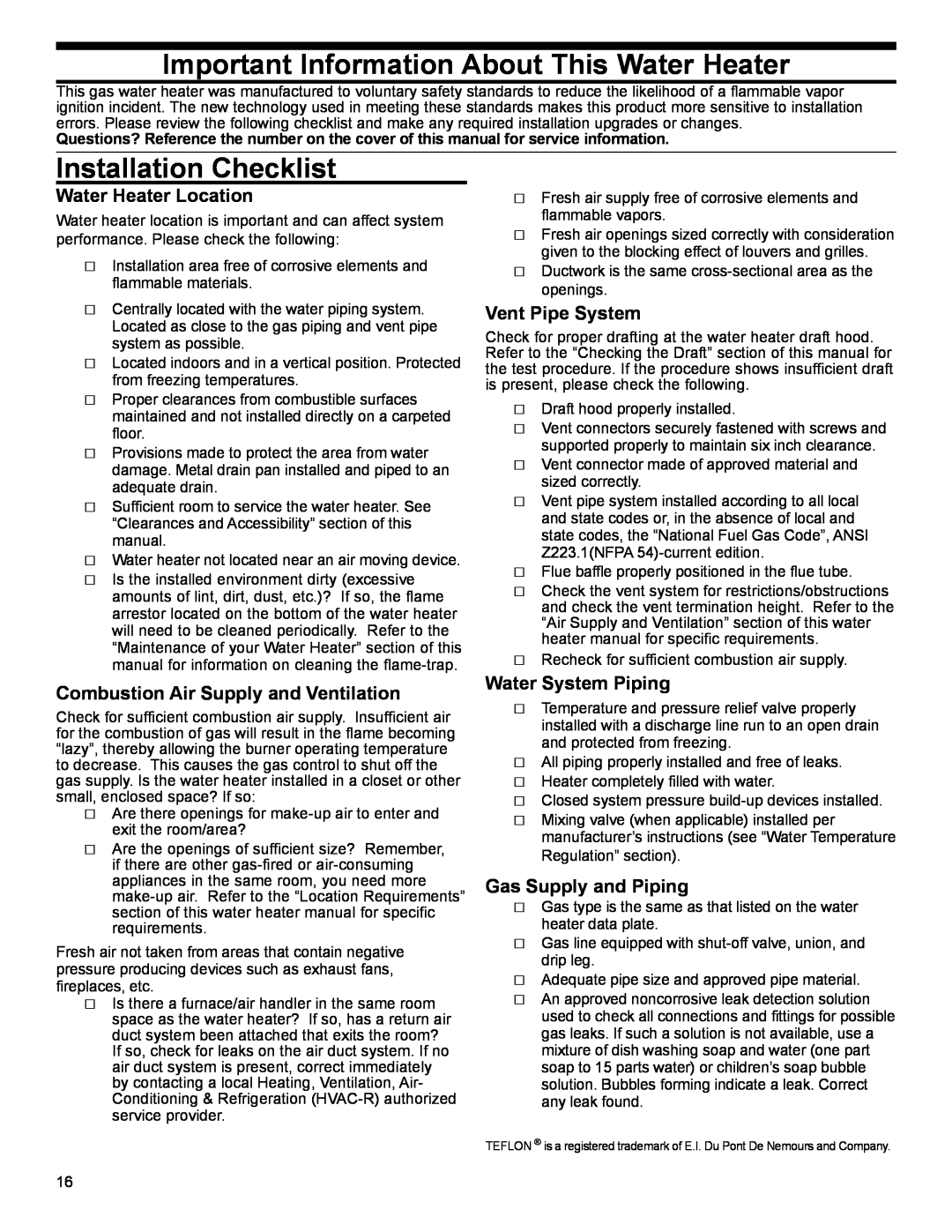American Water Heater 318935-003 Installation Checklist, Water Heater Location, Combustion Air Supply and Ventilation 