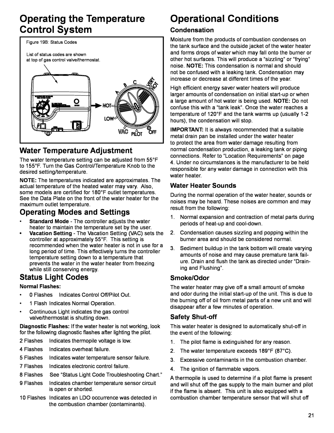 American Water Heater 318935-003 Operating the Temperature Control System, Operational Conditions, Status Light Codes 