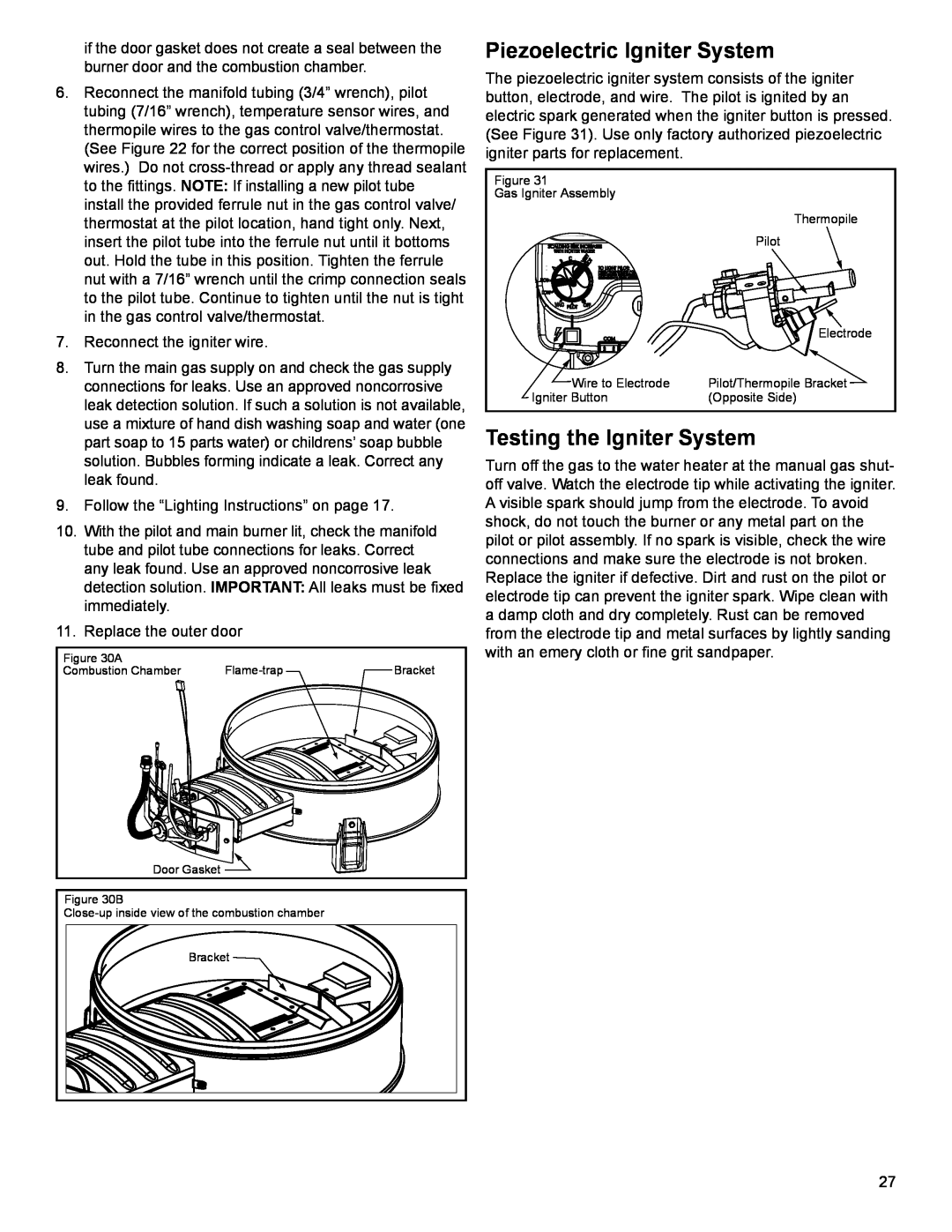 American Water Heater 318935-003 installation instructions Piezoelectric Igniter System, Testing the Igniter System 