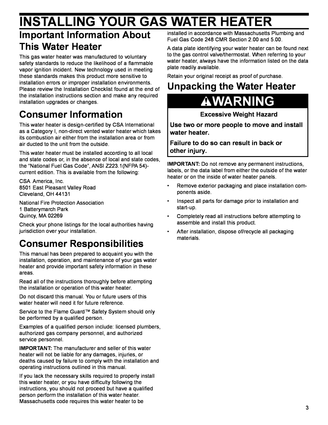 American Water Heater 318935-003 Installing Your Gas Water Heater, Important Information About This Water Heater 
