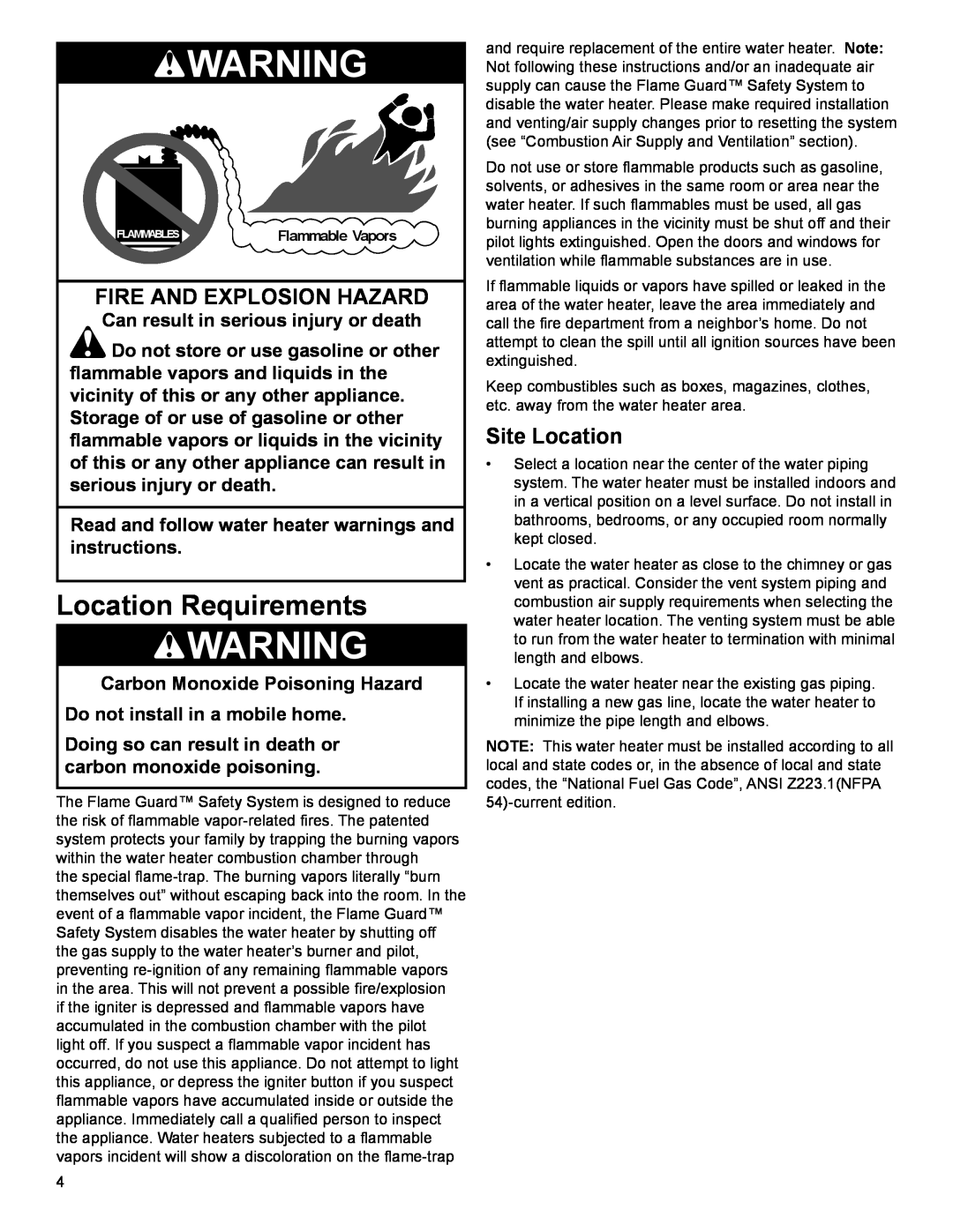 American Water Heater 318935-003 installation instructions Location Requirements, Site Location 