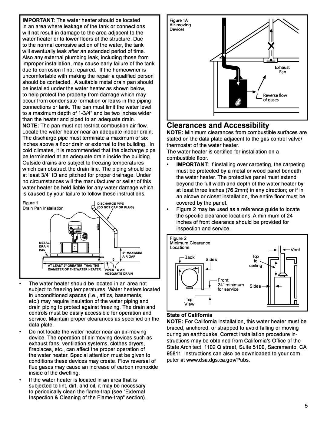 American Water Heater 318935-003 installation instructions Clearances and Accessibility, State of California 