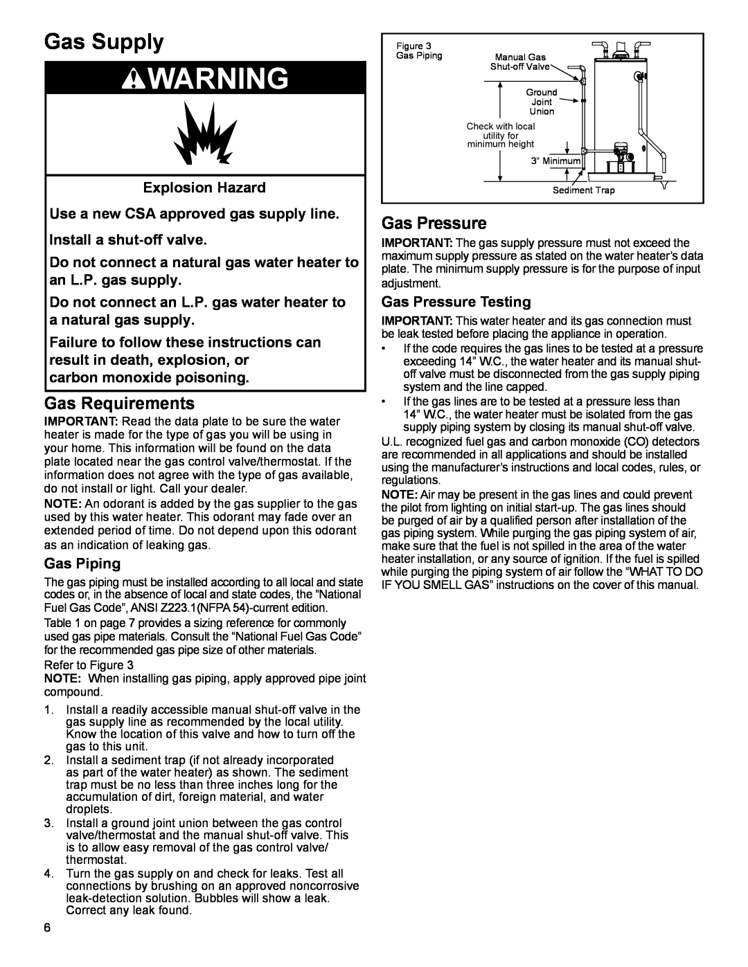 American Water Heater 318935-003 Gas Supply, Gas Requirements, Gas Pressure, Explosion Hazard, carbon monoxide poisoning 