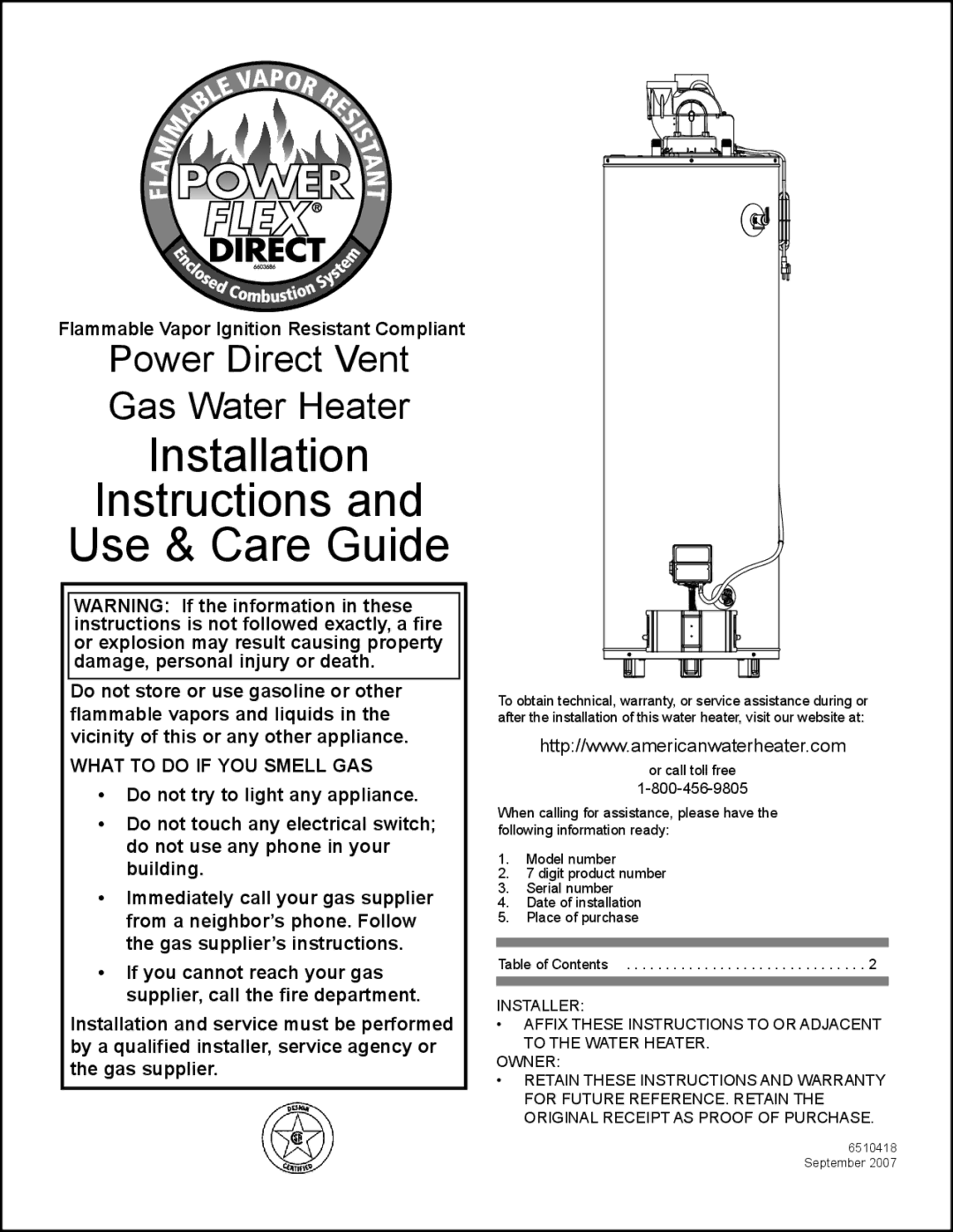 American Water Heater 50-60K BTU, 40-42K BTU installation instructions Installation Instructions Use & Care Guide 