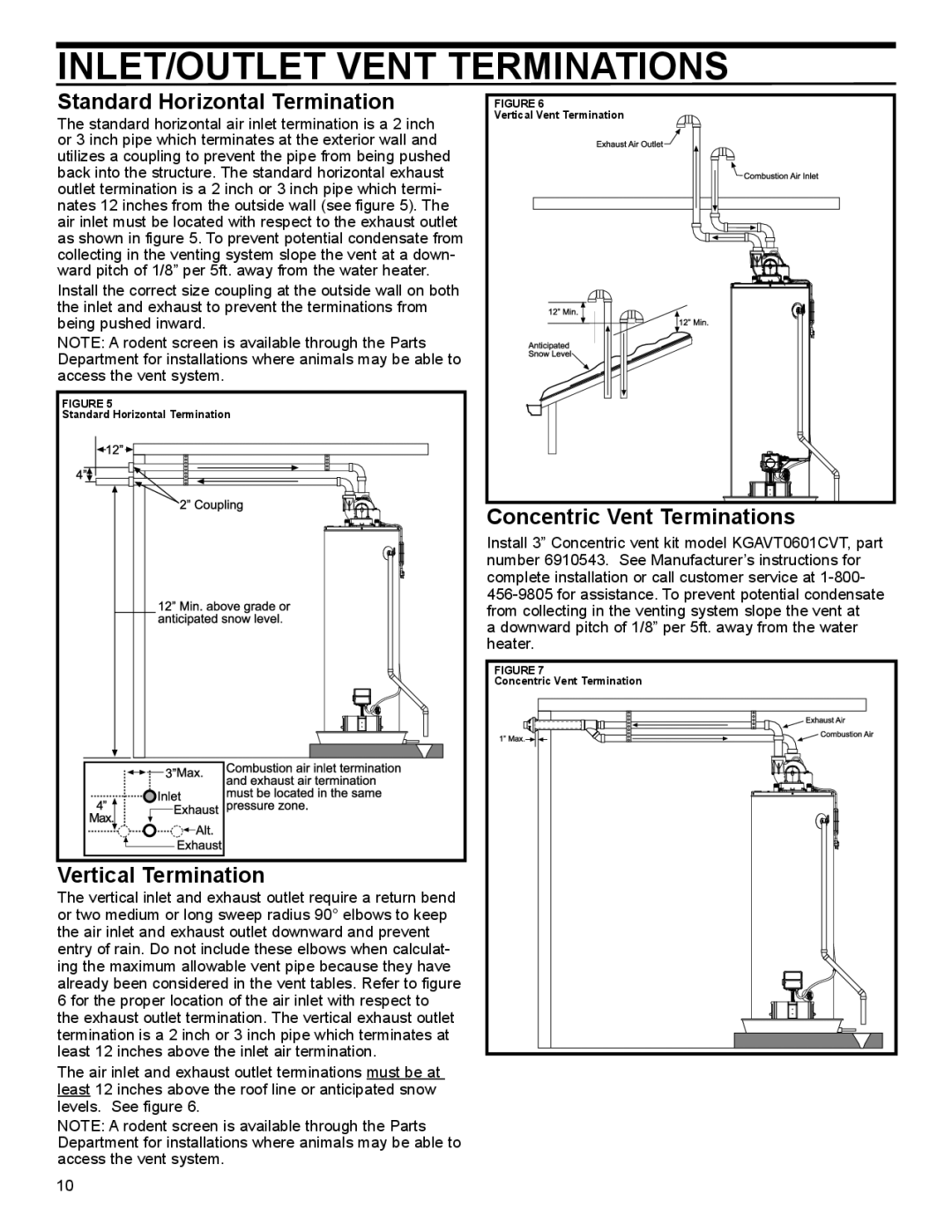 American Water Heater 40-42K BTU INLET/OUTLET Vent Terminations, Standard Horizontal Termination, Vertical Termination 