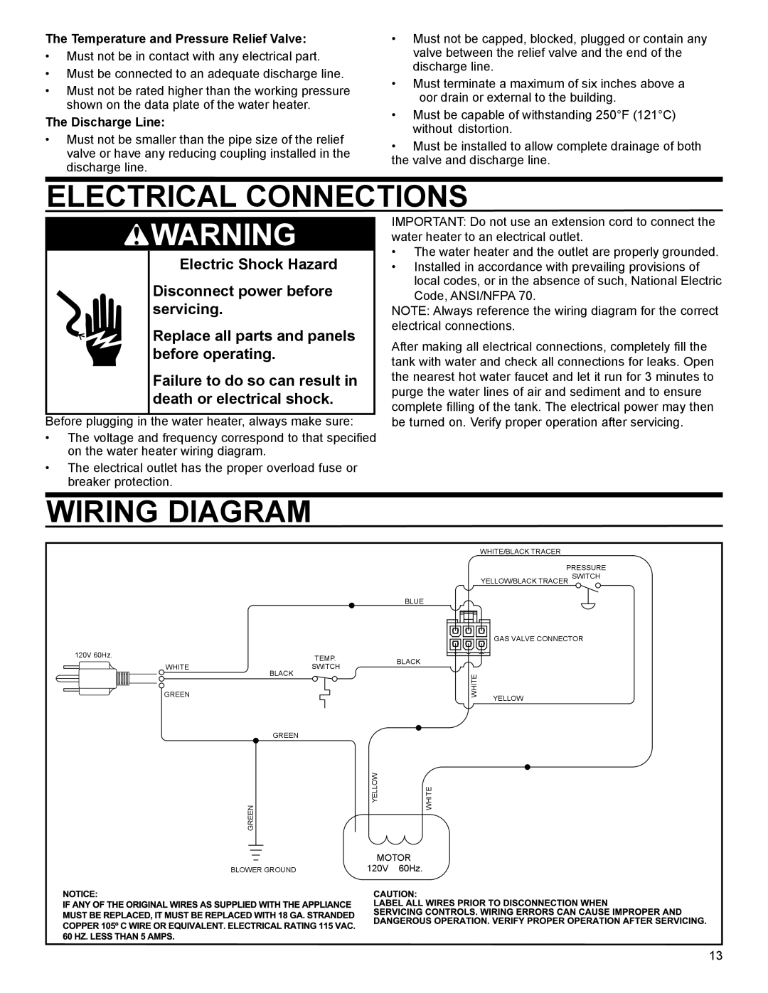 American Water Heater 50-60K BTU, 40-42K BTU installation instructions Electrical Connections, Wiring Diagram 