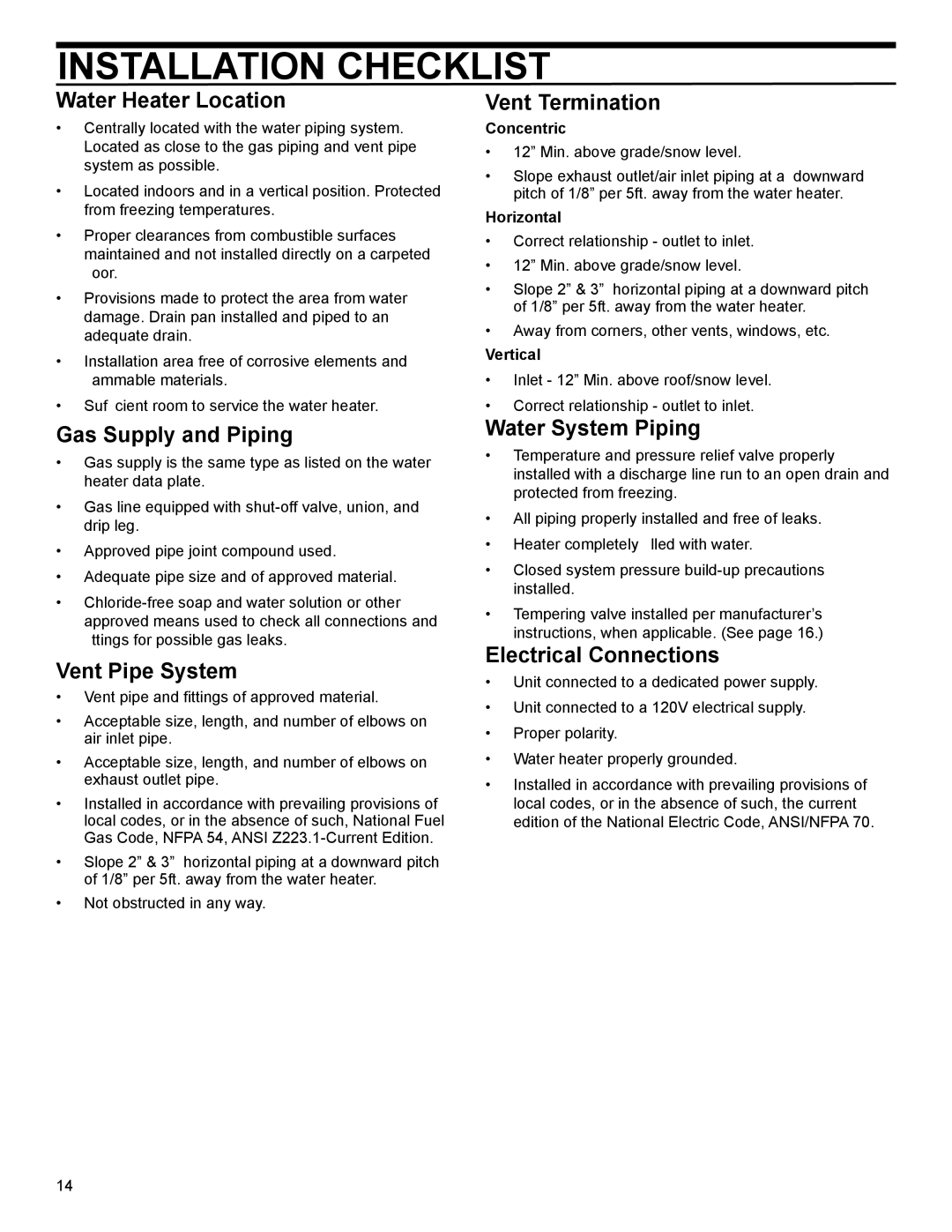 American Water Heater 40-42K BTU, 50-60K BTU installation instructions Installation Checklist 