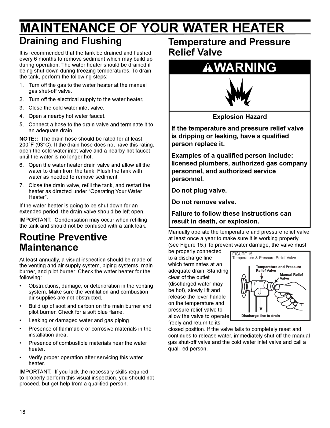 American Water Heater 40-42K BTU Maintenance of Your Water Heater, Draining and Flushing, Routine Preventive Maintenance 