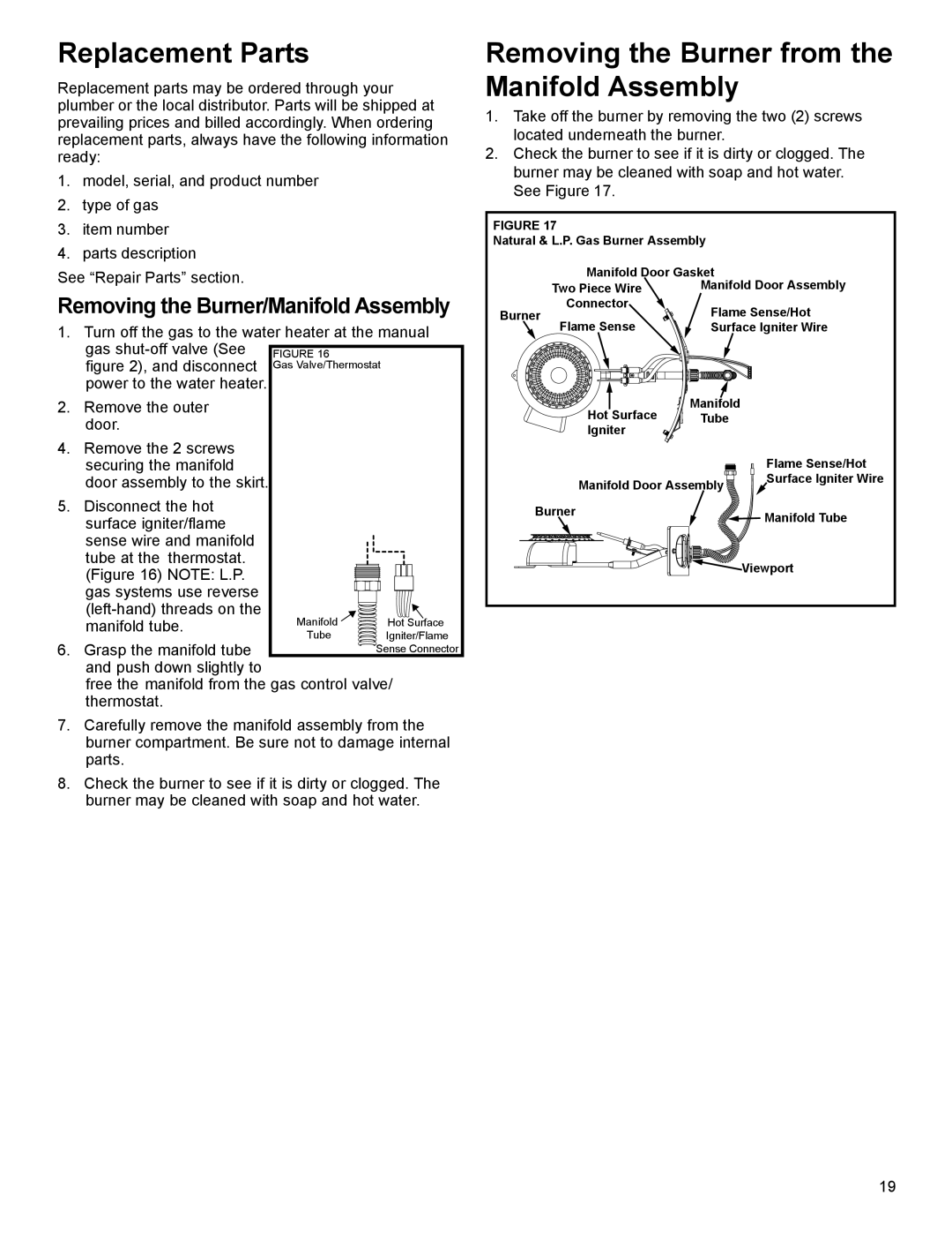 American Water Heater 50-60K BTU, 40-42K BTU Replacement Parts, Removing the Burner from the Manifold Assembly 