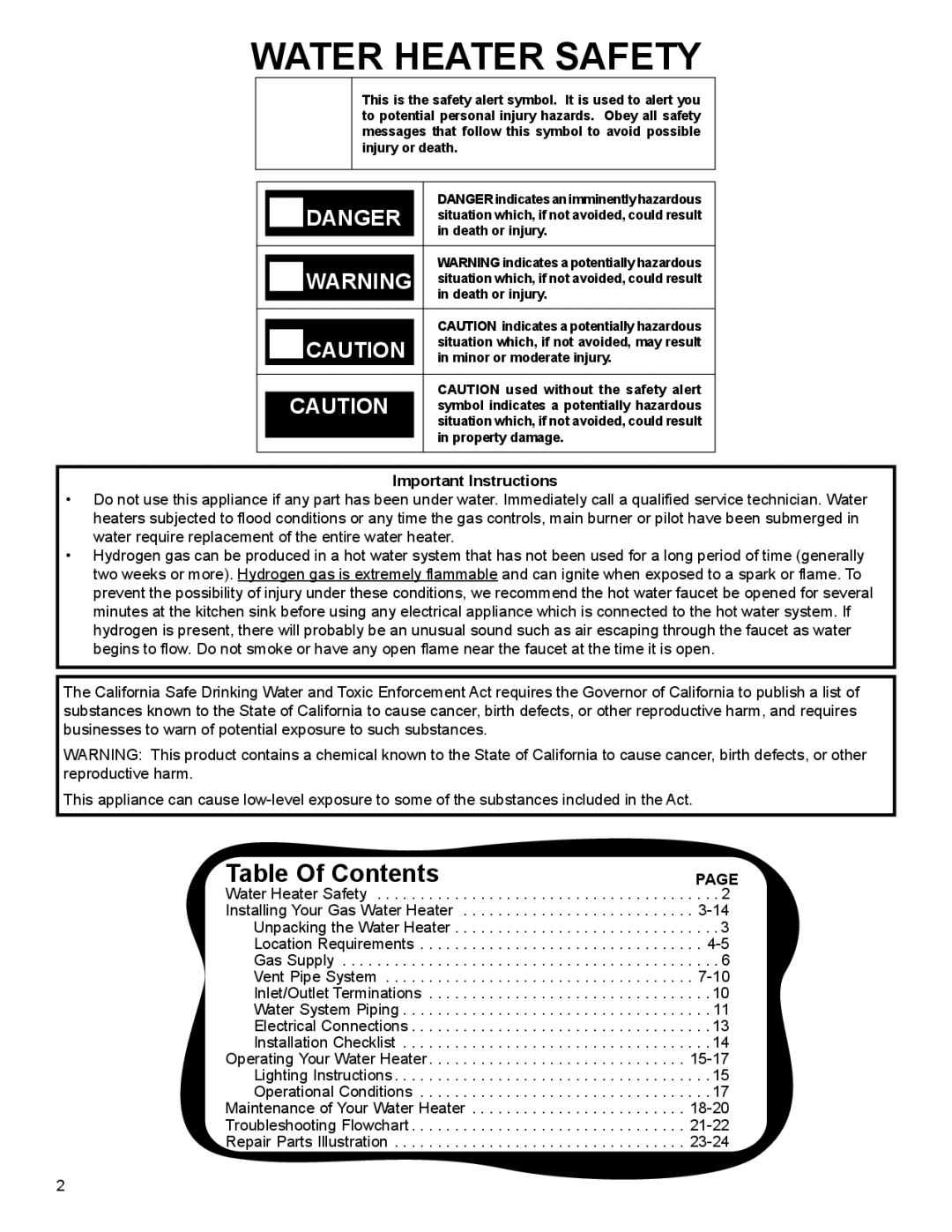 American Water Heater 40-42K BTU, 50-60K BTU installation instructions Water Heater Safety, Table Of Contents 