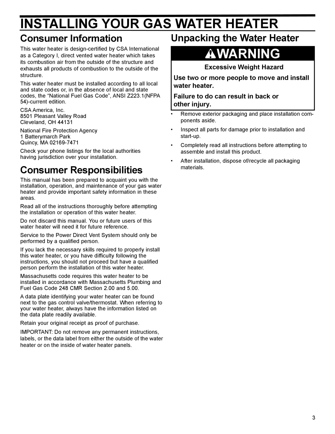 American Water Heater 50-60K BTU Installing Your GAS Water Heater, Consumer Information, Consumer Responsibilities 