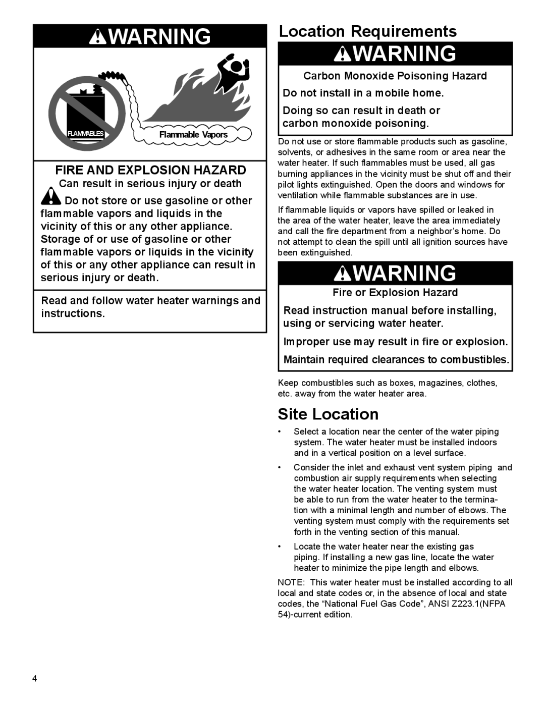 American Water Heater 40-42K BTU, 50-60K BTU Location Requirements, Site Location, Fire or Explosion Hazard 