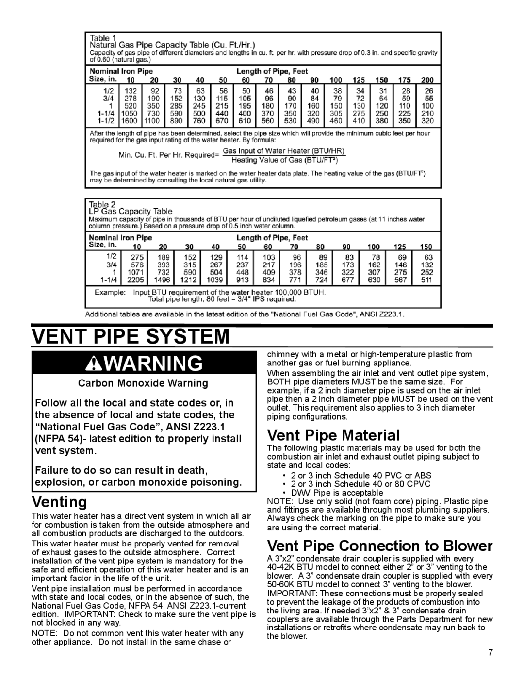 American Water Heater 50-60K BTU, 40-42K BTU Vent Pipe System, Venting, Vent Pipe Material, Vent Pipe Connection to Blower 