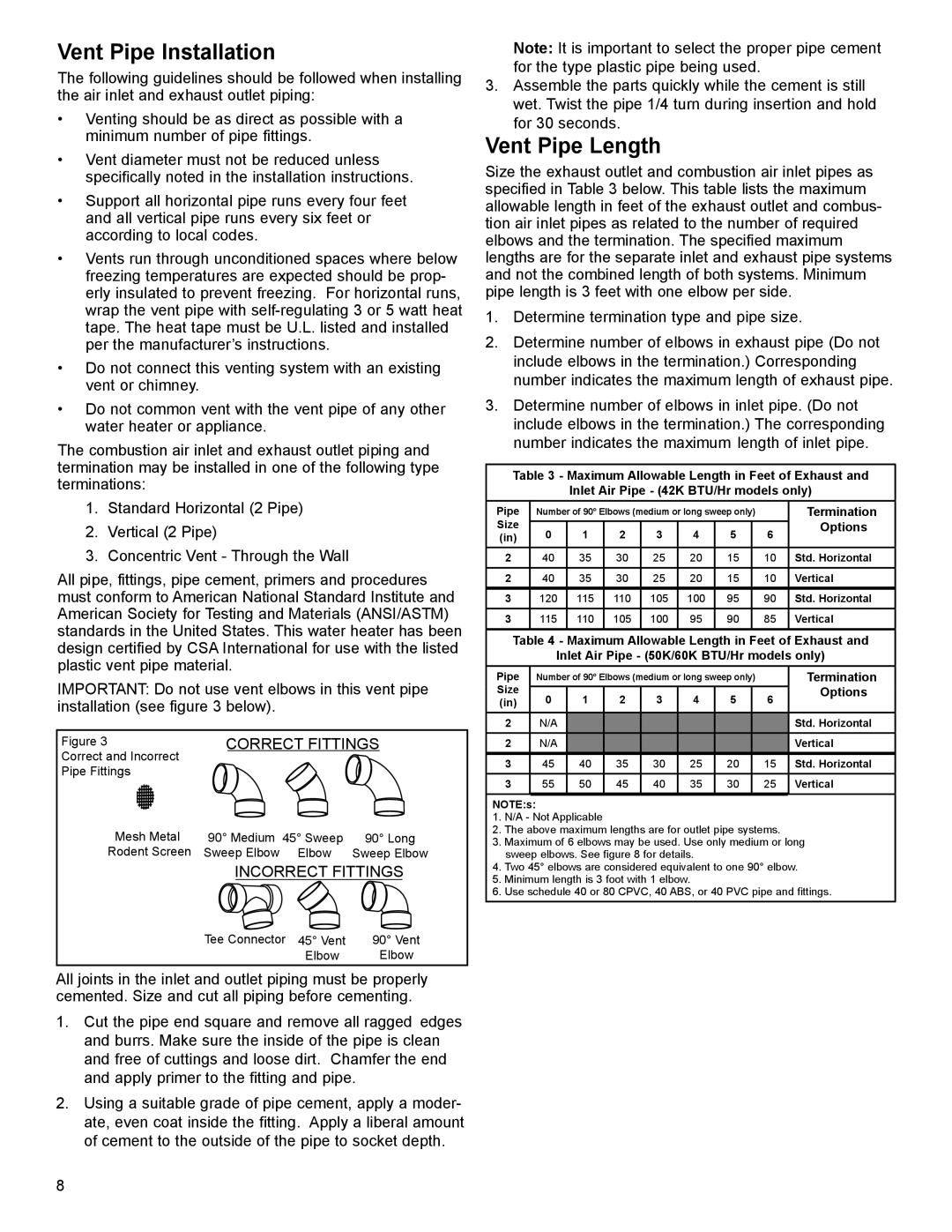 American Water Heater 40-42K BTU, 50-60K BTU installation instructions Vent Pipe Installation, Vent Pipe Length 