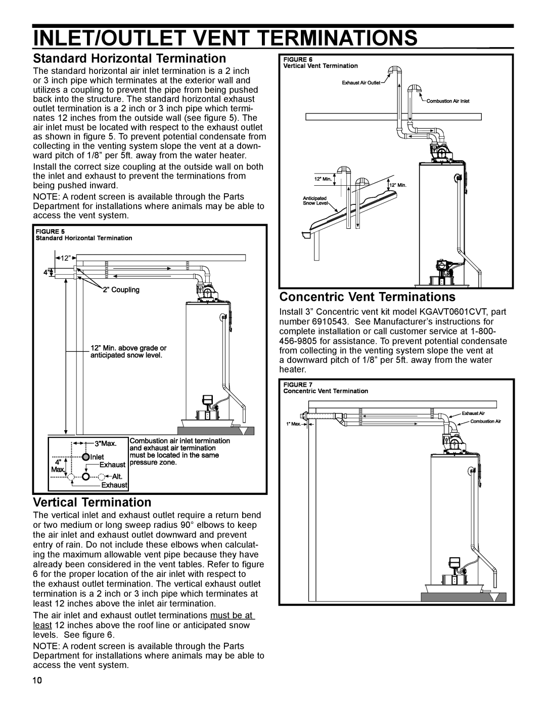 American Water Heater 40-42K BTU Inlet/Outlet Vent Terminations, Standard Horizontal Termination, Vertical Termination 